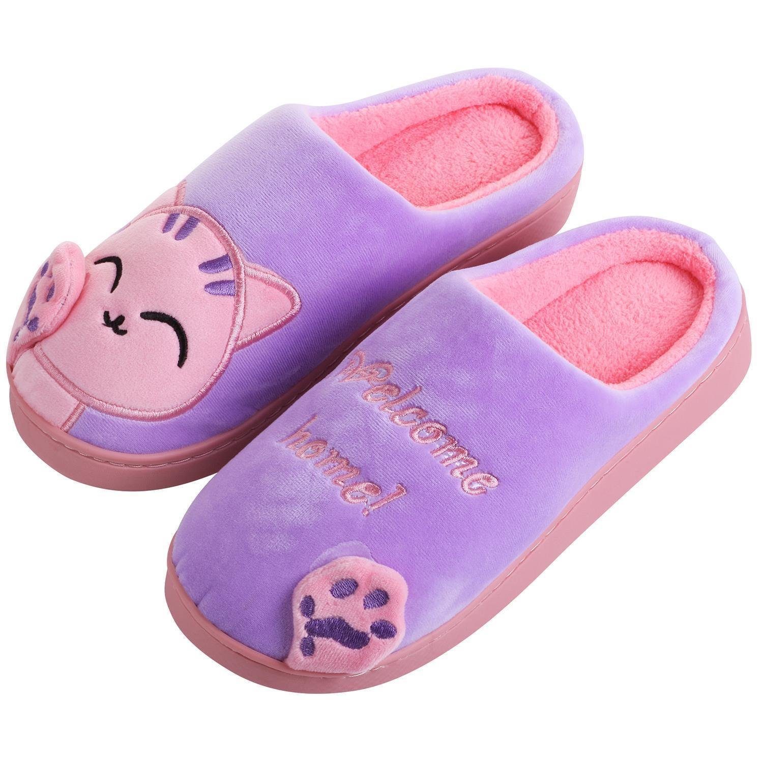 Katara Tier Pantoffeln Gr. 34-41 (Einhorn, Katze, Hase) Plüsch Hausschuhe Hausschuhe, weich, warm, süß, kuschelig, Plüsch Katze (Lila-Pink)