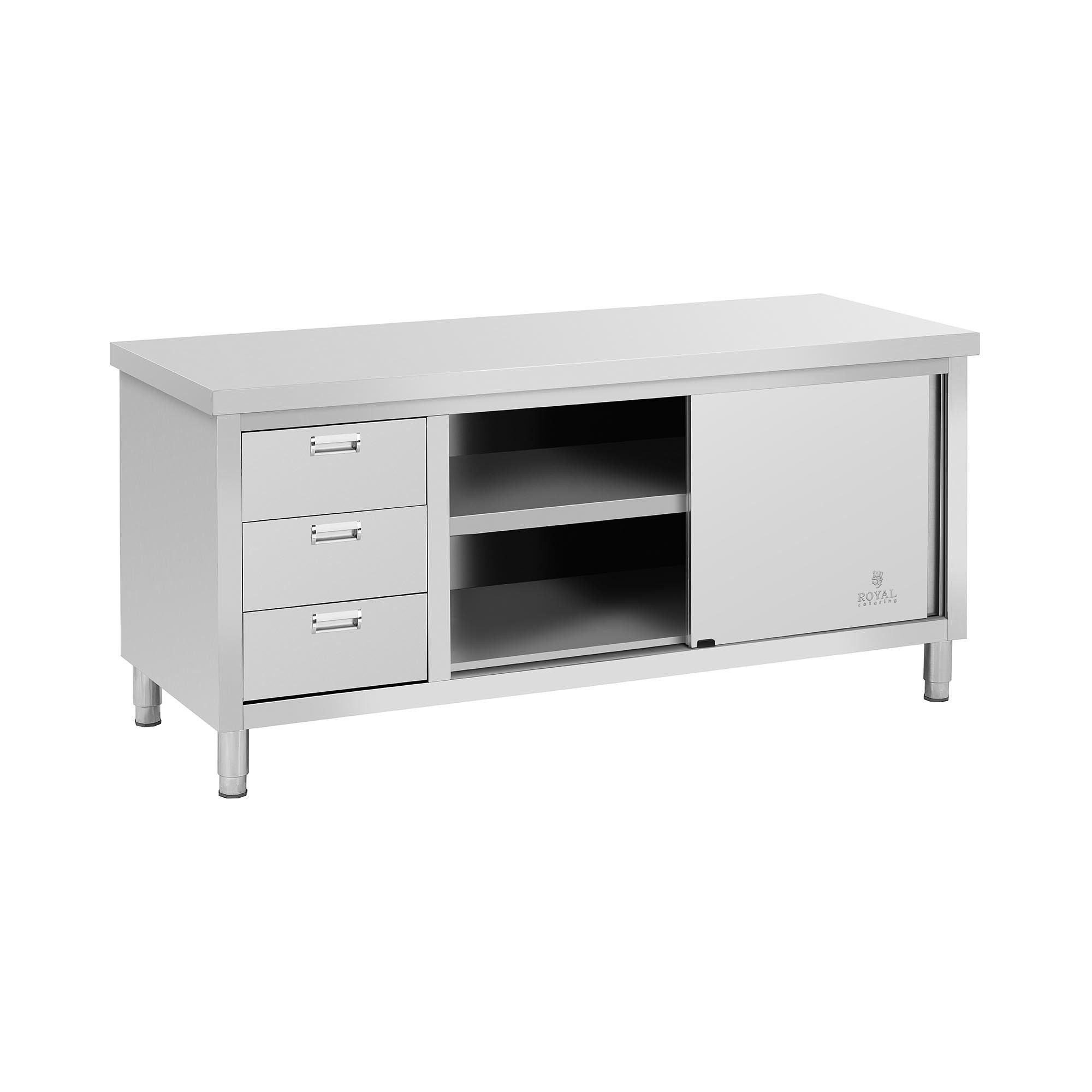 Royal Catering Arbeitstisch 180 x 70 cm Arbeitsschrank Edelstahltisch Schiebetüren 3 Schubladen