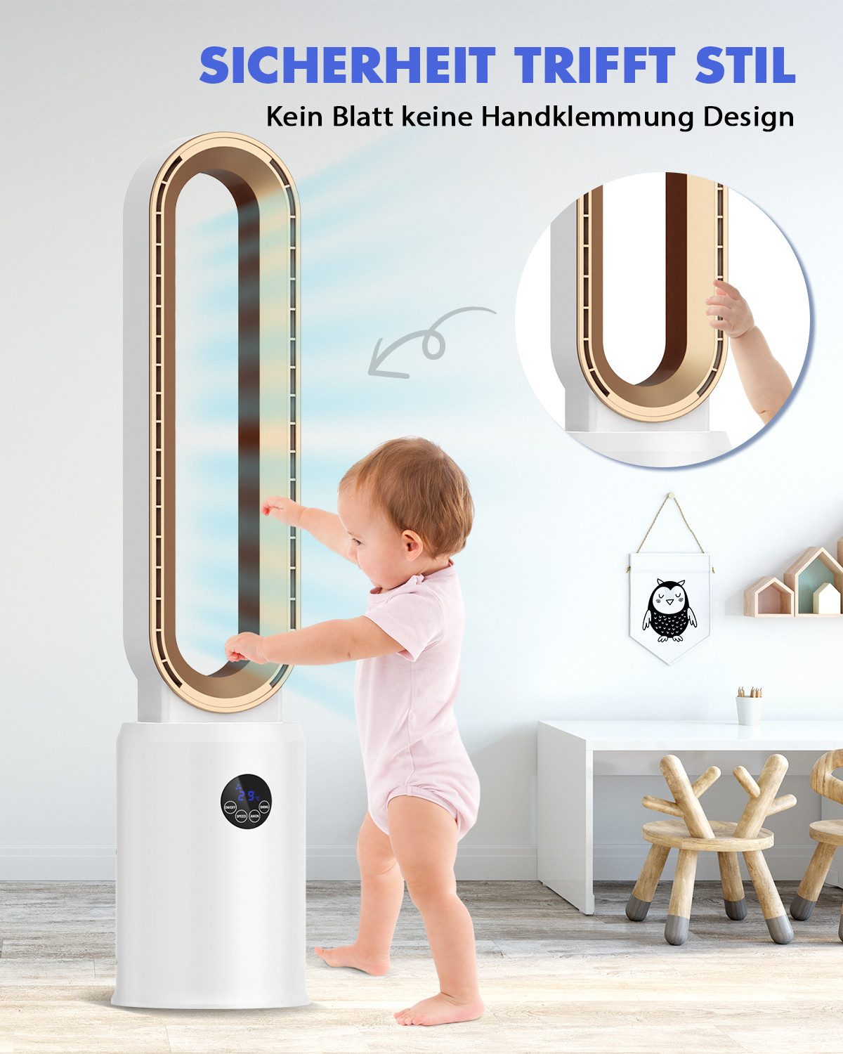 Rebonique Turmventilator Rotorlos Ventilator mit Luftreiniger sehr Leise 24 Stufen 12H Timer, Oszillierend LED-Anzeige Tower-Ventilator mit Fernbedienung