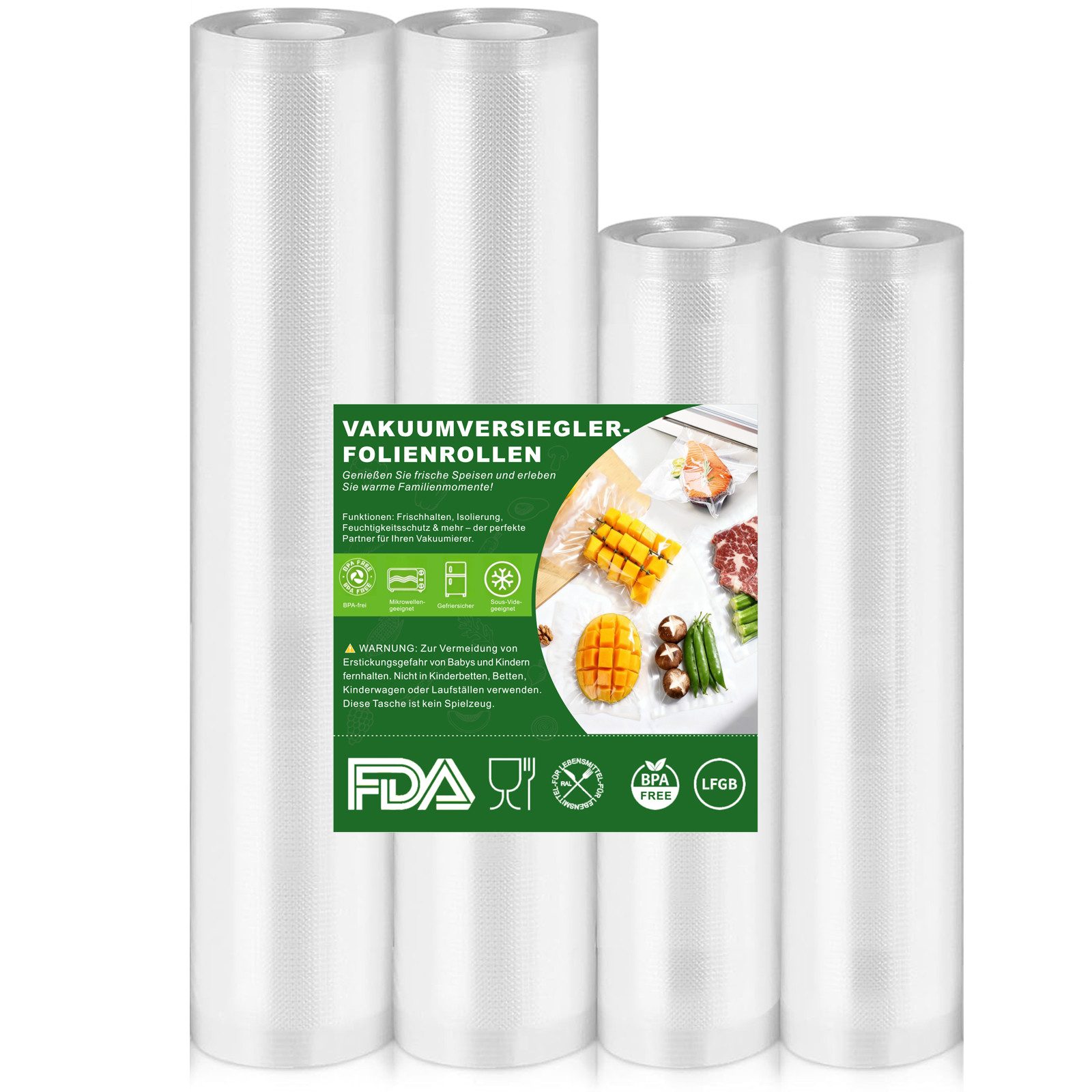 SURFOU Vakuumier-Folienrollen Vakuumierbeutel 4 Rollen Vakuumbeutel Lebensmittel 20, 30x500cm, Profi Folienrollen,stark & reißfest, für alle Vakuumierer & Sous Vide