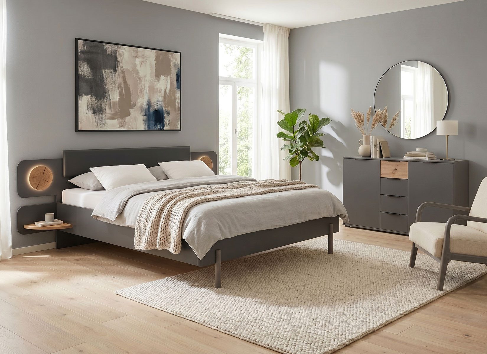 Wimex Futonbett Valencia (mit Bettschubladen, mit 2 Nachtkonsollen, 3-tlg., moderner Optik, gepolstertes Kopfteil mit LED-Beleuchting), 180x200cm graphit mit Polster und Nachtkonsolen