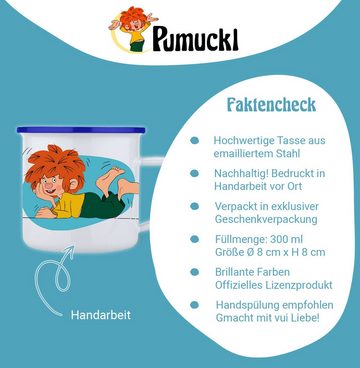 Bavariashop Tasse ®Pumuckl Emailletasse "Schaumamoi" • 350 ml, Hochwertiges Emaille, Lokal gefertigt, In Handarbeit hergestellt.