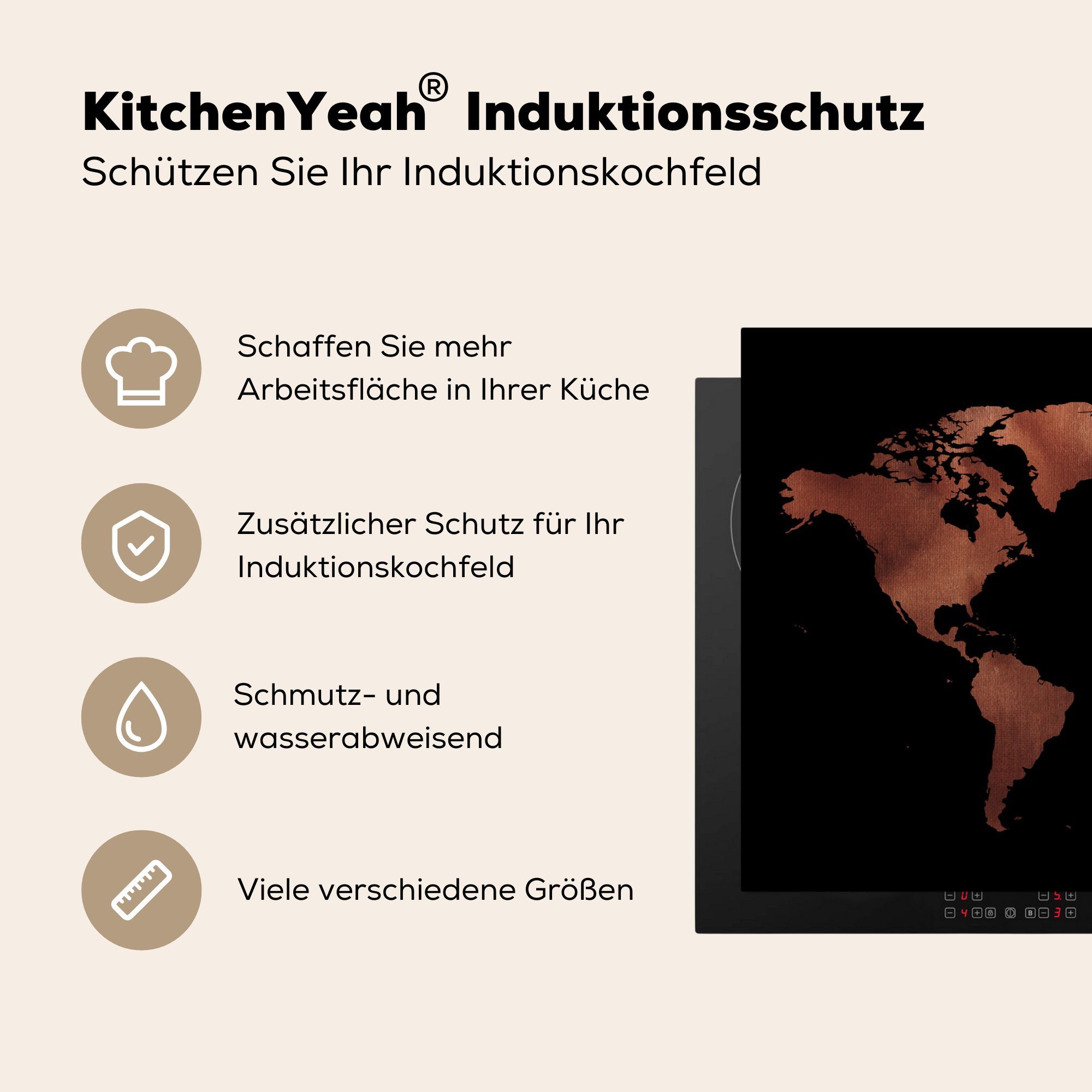 Weltkarte 81x52 für Rot, Schutz Herdblende-/Abdeckplatte - tlg), die cm, - Schwarz MuchoWow Vinyl, küche, (1 Ceranfeldabdeckung Induktionskochfeld