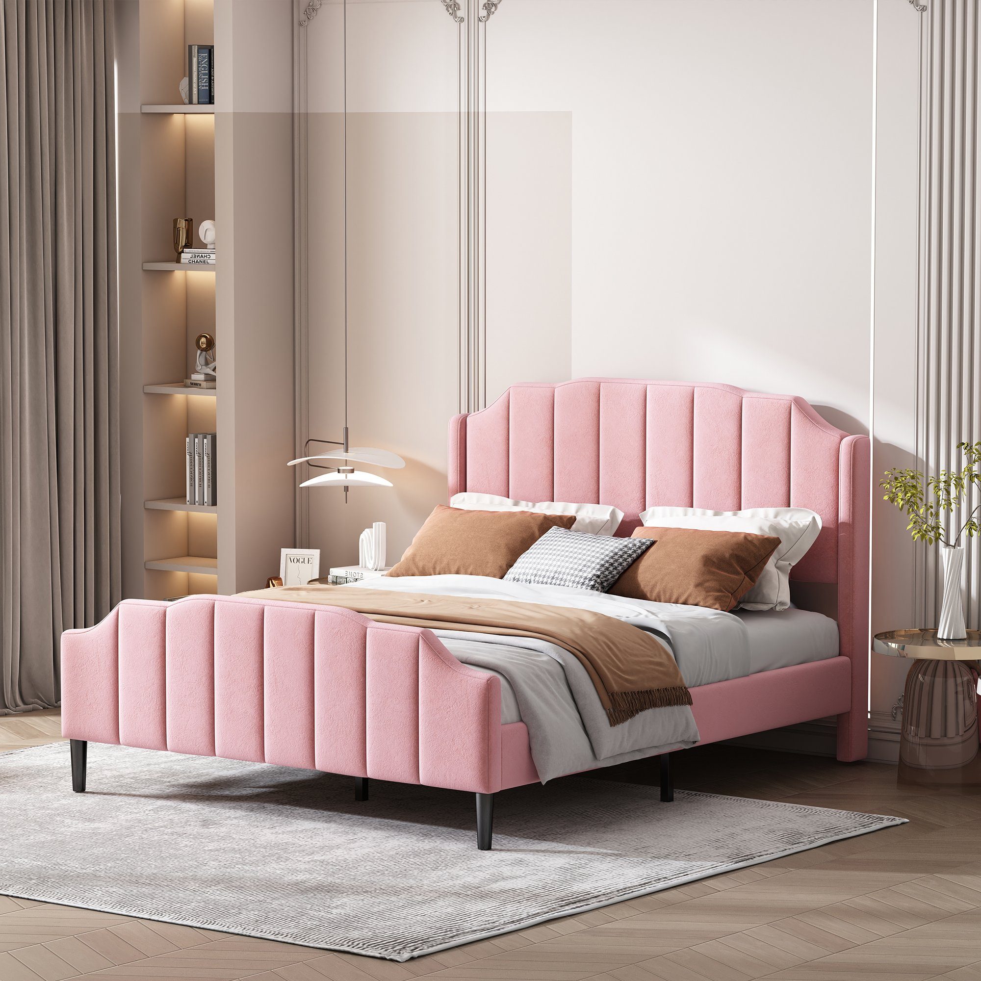 Polsterbett (Doppelbett 140 x 200 cm mit Kopfteil und Lattenrost), Jugendbett mit Gepolstertes Kopfteil, Bezug aus Samt
