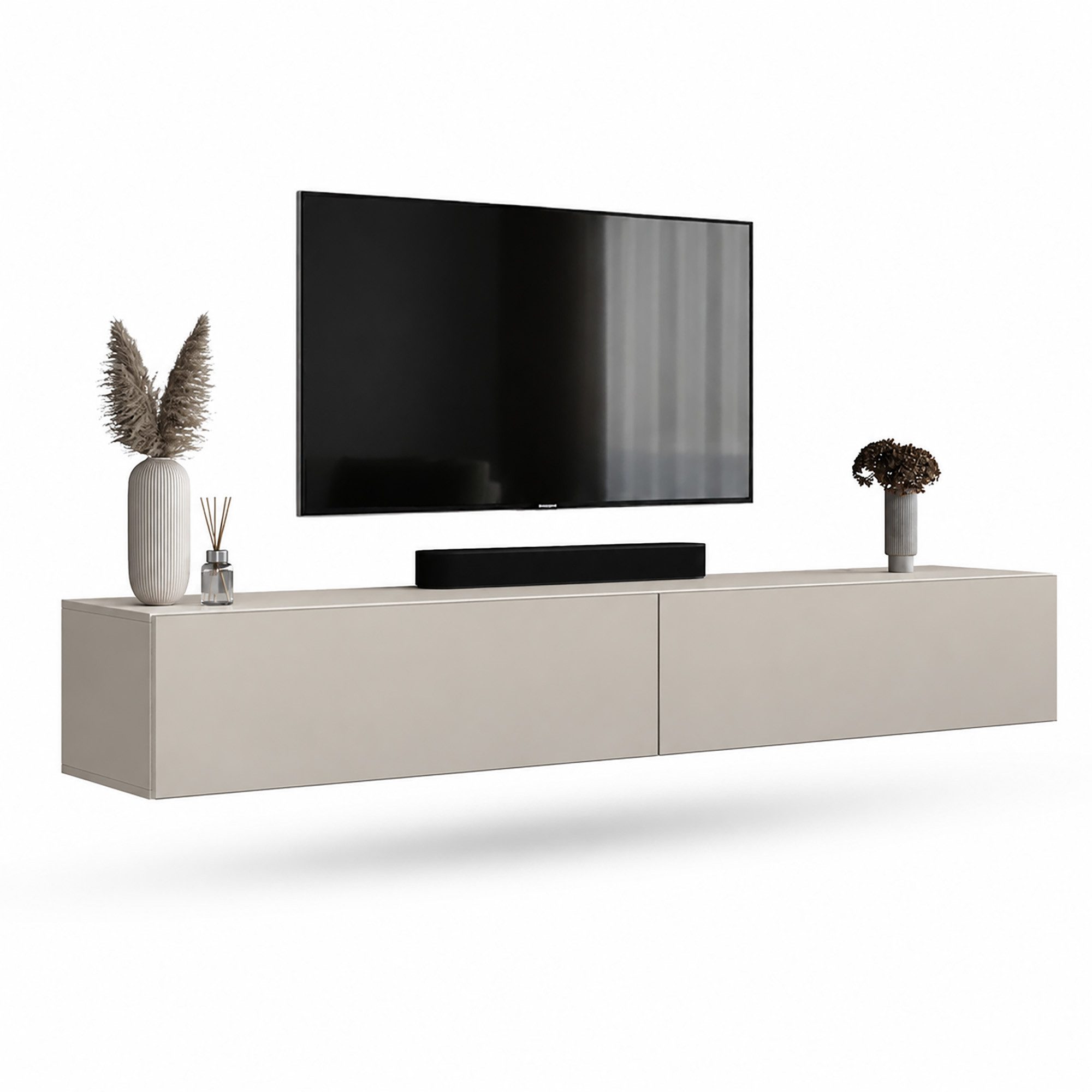 Planetmöbel TV-Schrank West TV-Board, Fernsehtisch 200 cm lang, TV-Lowboard (für Fernseher bis 55 Zoll, TV Schrank viel Stauraum, sideboard hängend, Fernsehschrank 2x 100 x 30 x 37,5 cm) kaschmir