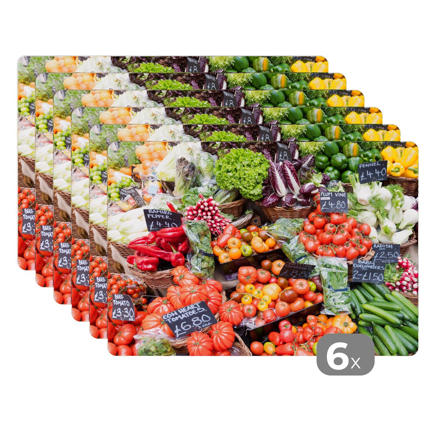 Platzset, Markt - Obstkisten - Gemüse, MuchoWow, (6-St), Platzset, Platzdecken, Platzmatte, Tischmatten, Schmutzabweisend