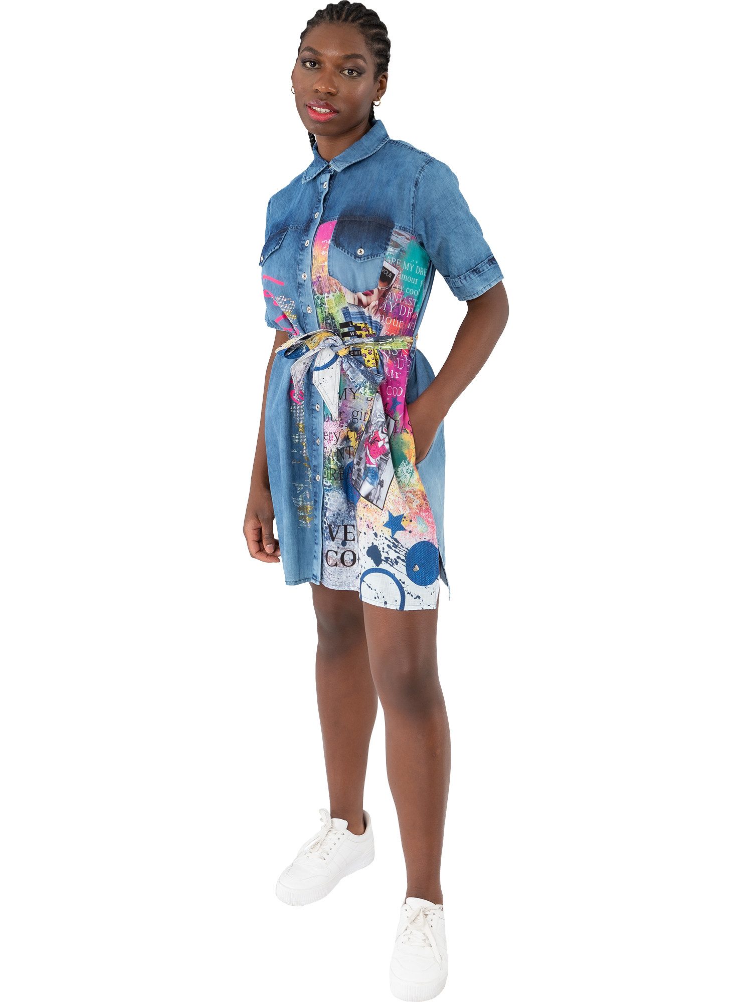 Gio Milano Jeanskleid G30-5106, Jeanskleid mit Taillengürtel und Strassbesa günstig online kaufen