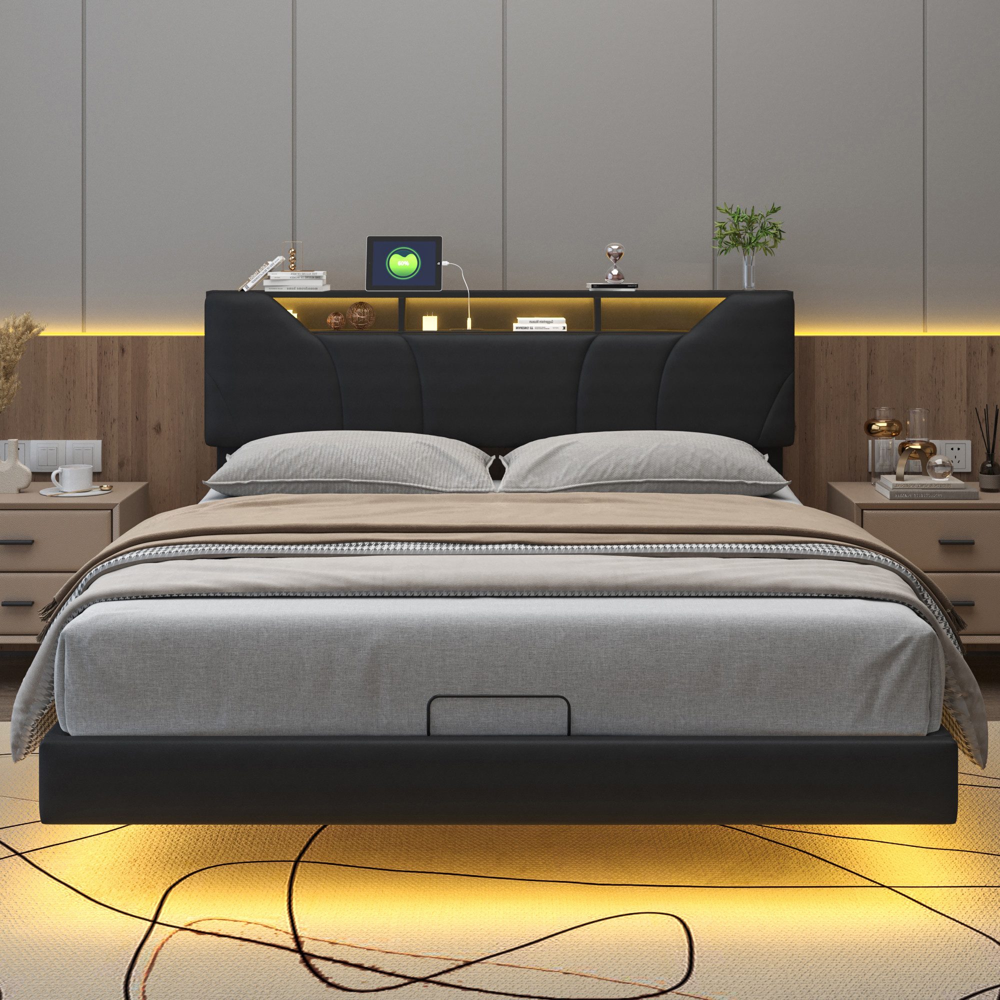 ADWOLT Jugendbett Schwebebett mit LED-Beleuchtung (1-tlg., Höhenverstellbares Kopfteil mit Stauraum und Ladefunktion), Polsterbett Doppelbett 140x200cm Mit Bettkasten, PU, Schwarz
