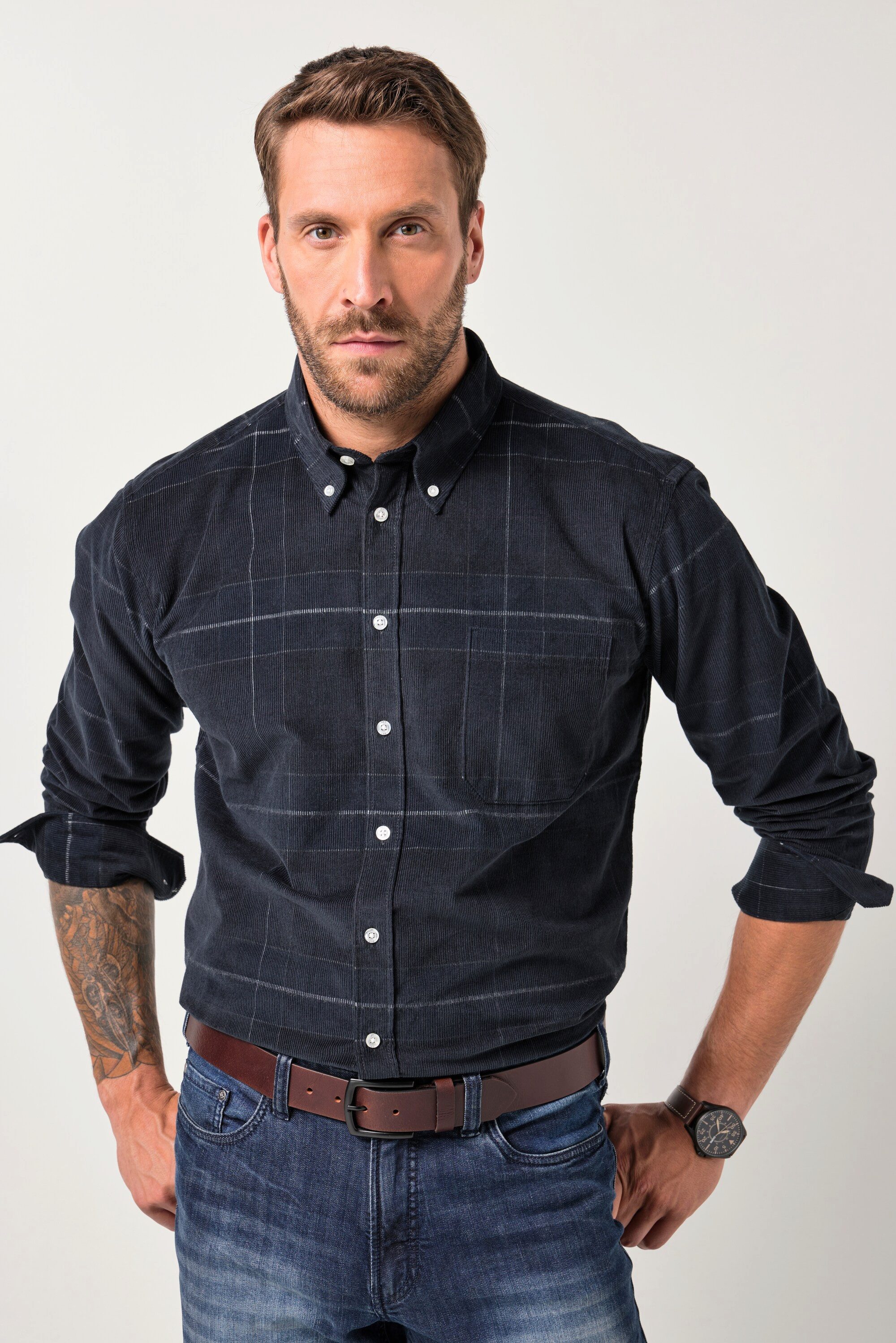 JP1880 Businesshemd Cord-Karohemd Langarm Buttondown-Kragen Modern Fit