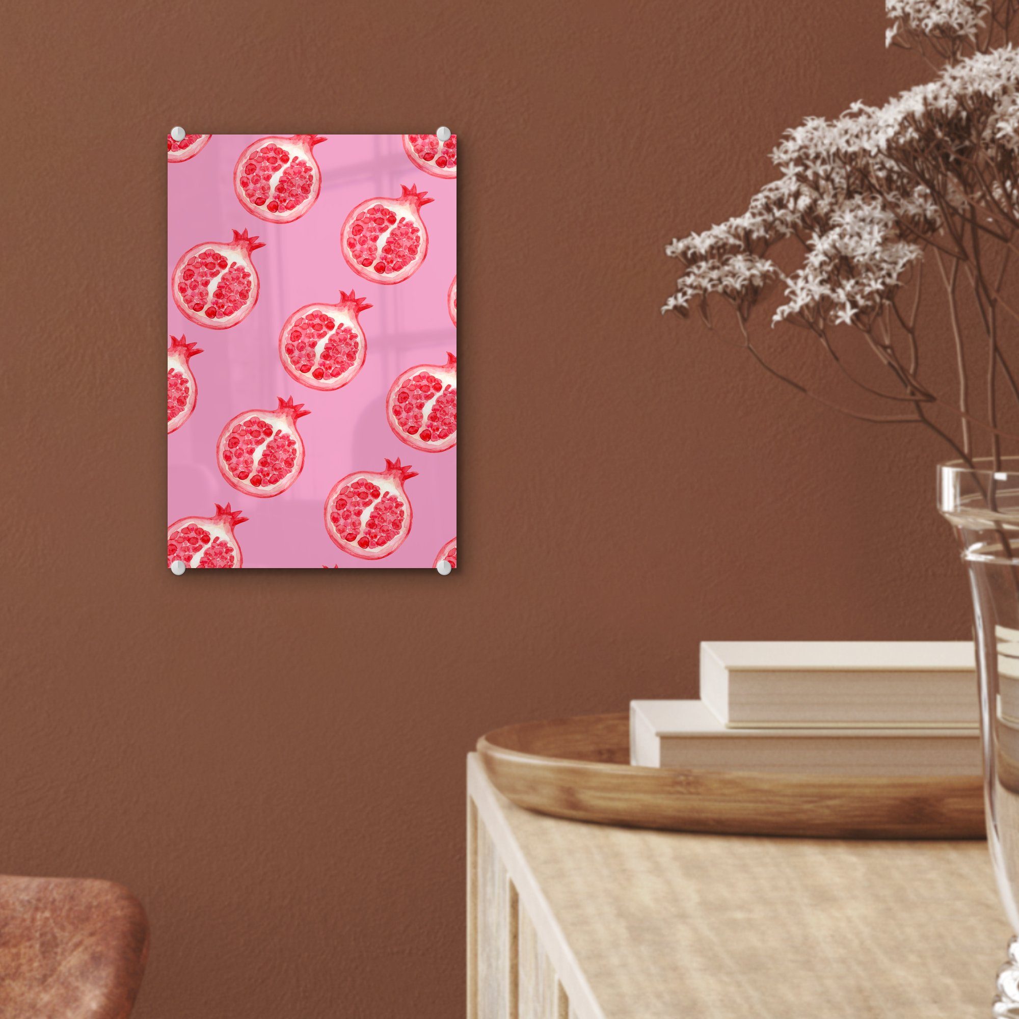 Aquarell - - - Bilder Glas St), auf Wanddekoration Obst - MuchoWow Foto Glasbilder Wandbild Acrylglasbild - (1 Rosa, Glas auf