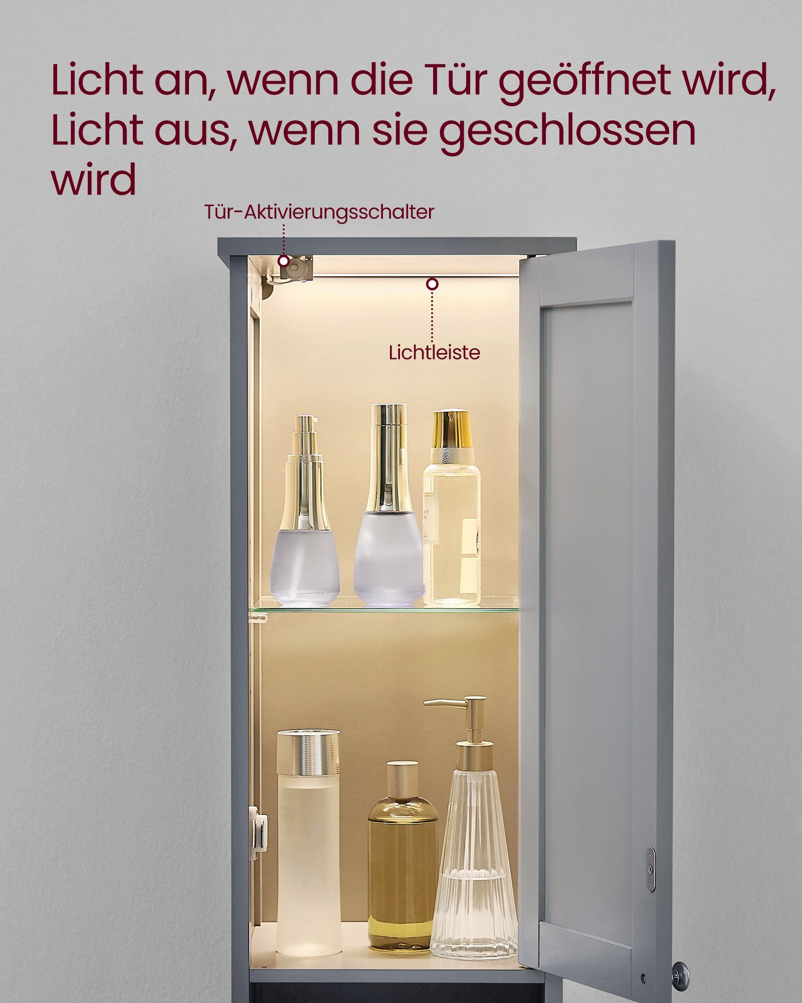 VASAGLE Badkommode Badezimmerschrank schlanker Badschrank mit Beleuchtung, 30 cm breit, mit verstellbaren Ablagen, modern, hoch, für kleine Räume – Bild 4 von 5