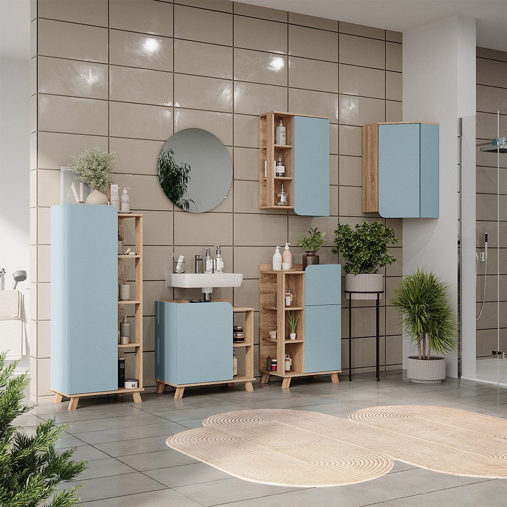 Vicco Badmöbel-Set Karen, Blau-Grau/Sonoma, 6 Teile, (6-St., 6-er Set)