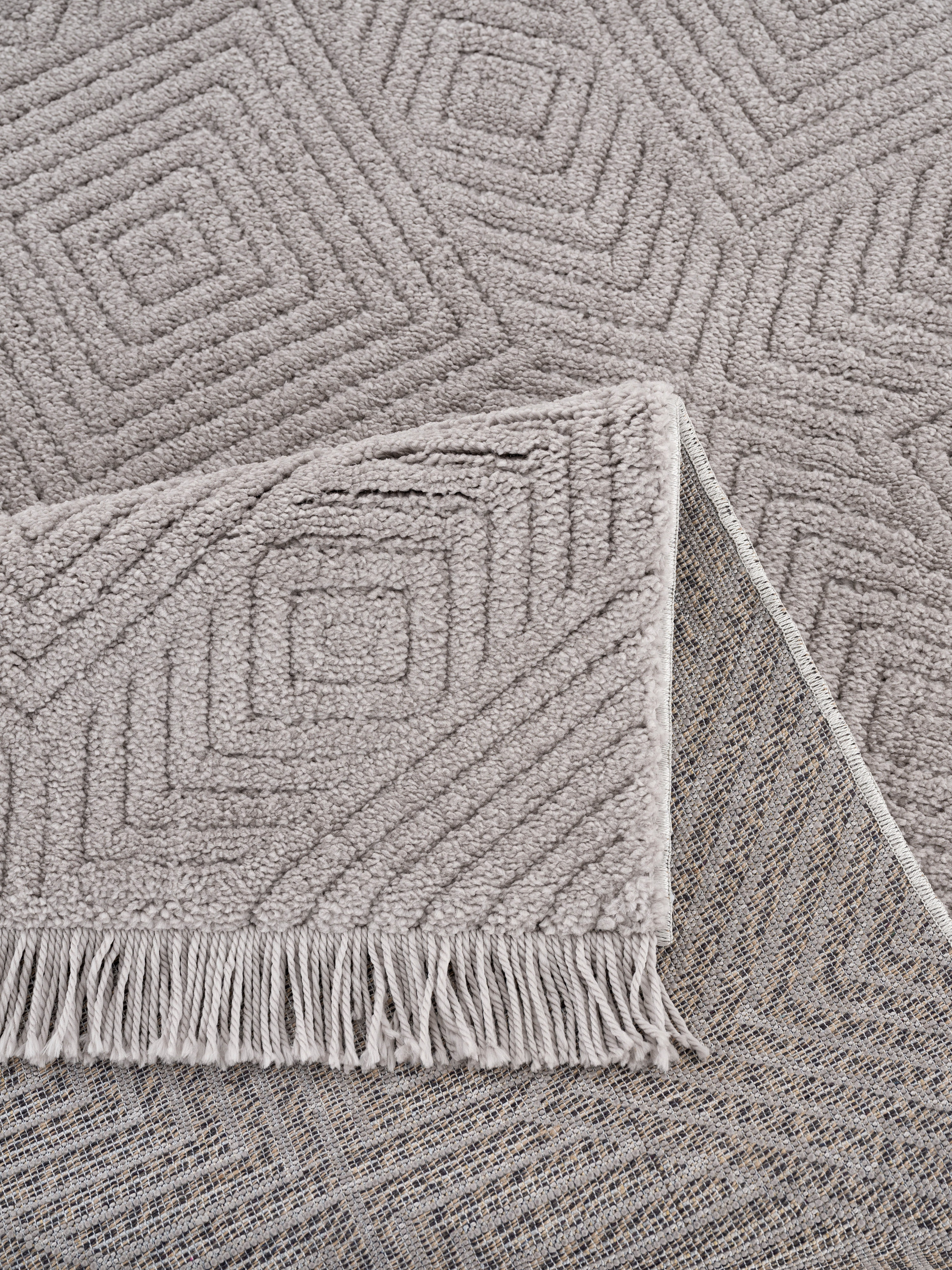 Leonique, mit Teppich grau Fransen rechteckig, Wende-Teppich 22 grafisches Boho, mm, im Design, Höhe: Duchesse, 3D-Effekt,