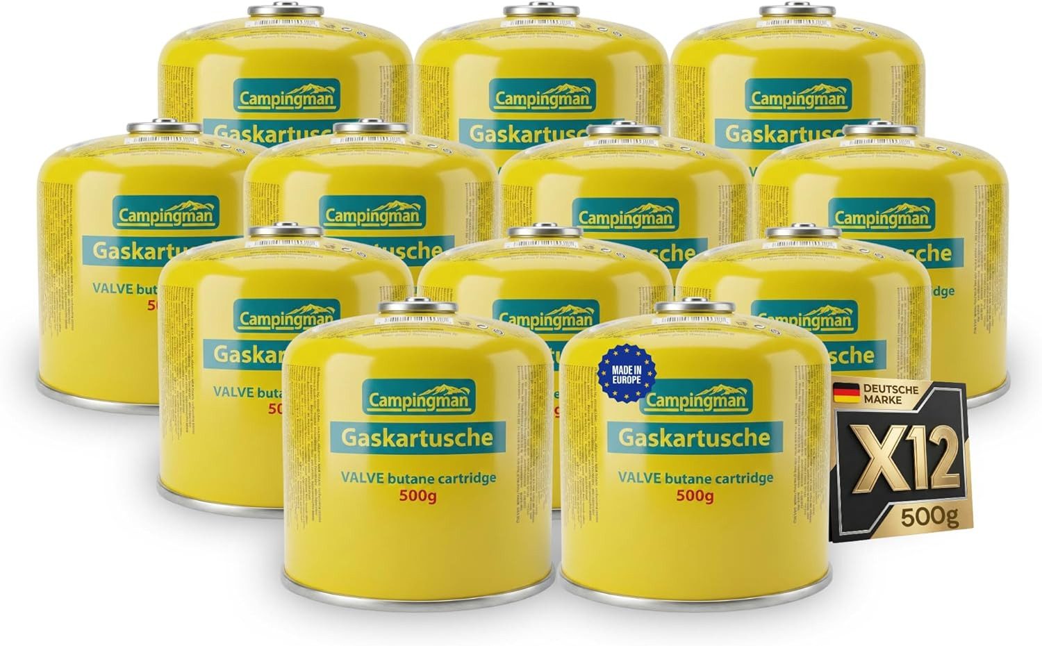 Campingman Gaskartusche 500g mit Schraubventil EN 417 – Butangas Kartusche, Zubehör für Universal Schraubkartusche für Campingkocher, 12 St., Unkrautbrenner, Weber Grill & Campinggas