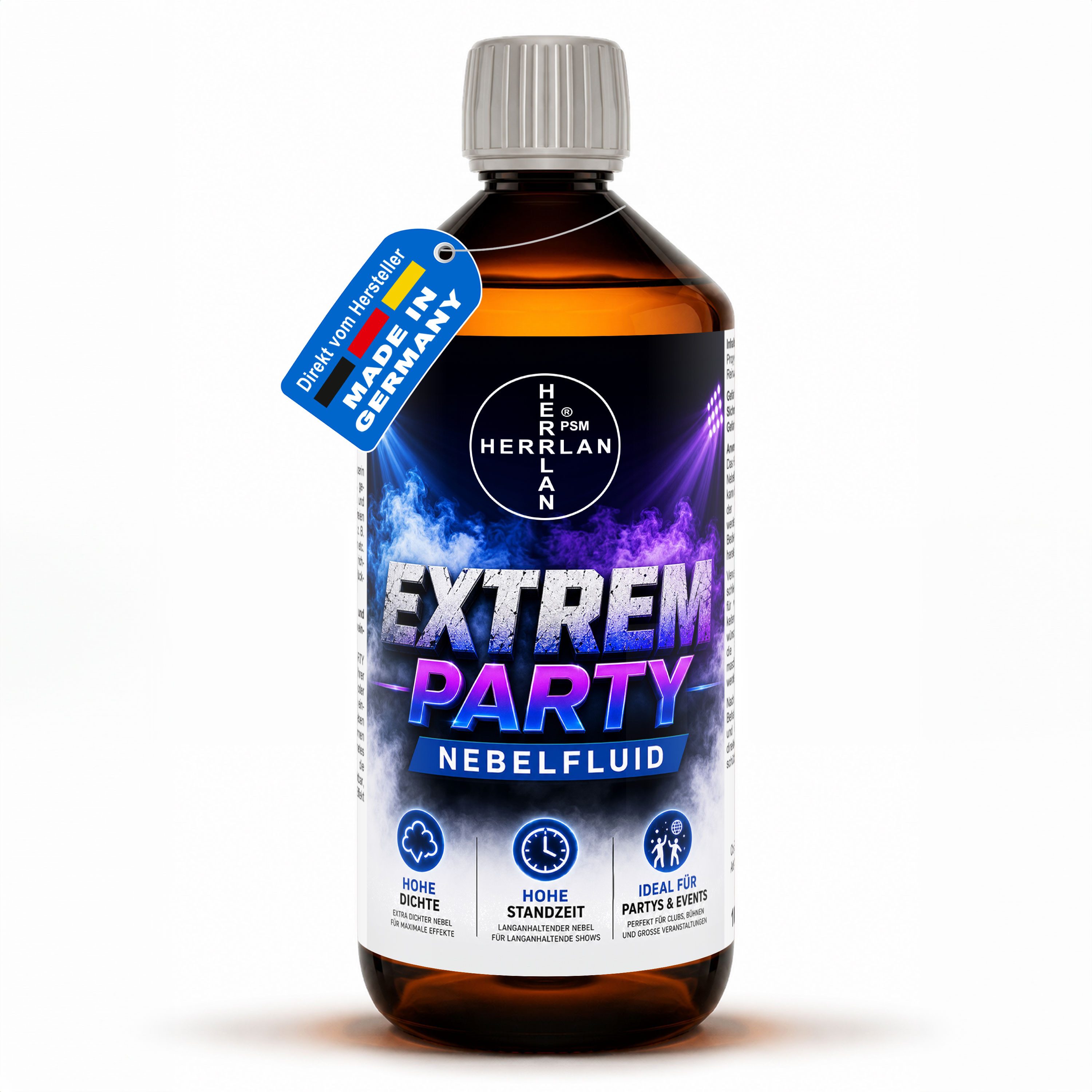 HERRLAN Discolicht EXTREM PARTY Nebelfluid universelle wasserbasierte Nebelflüssigkeit, 1 Liter, mit extrem hoher Dichte und hoher Standzeit.
