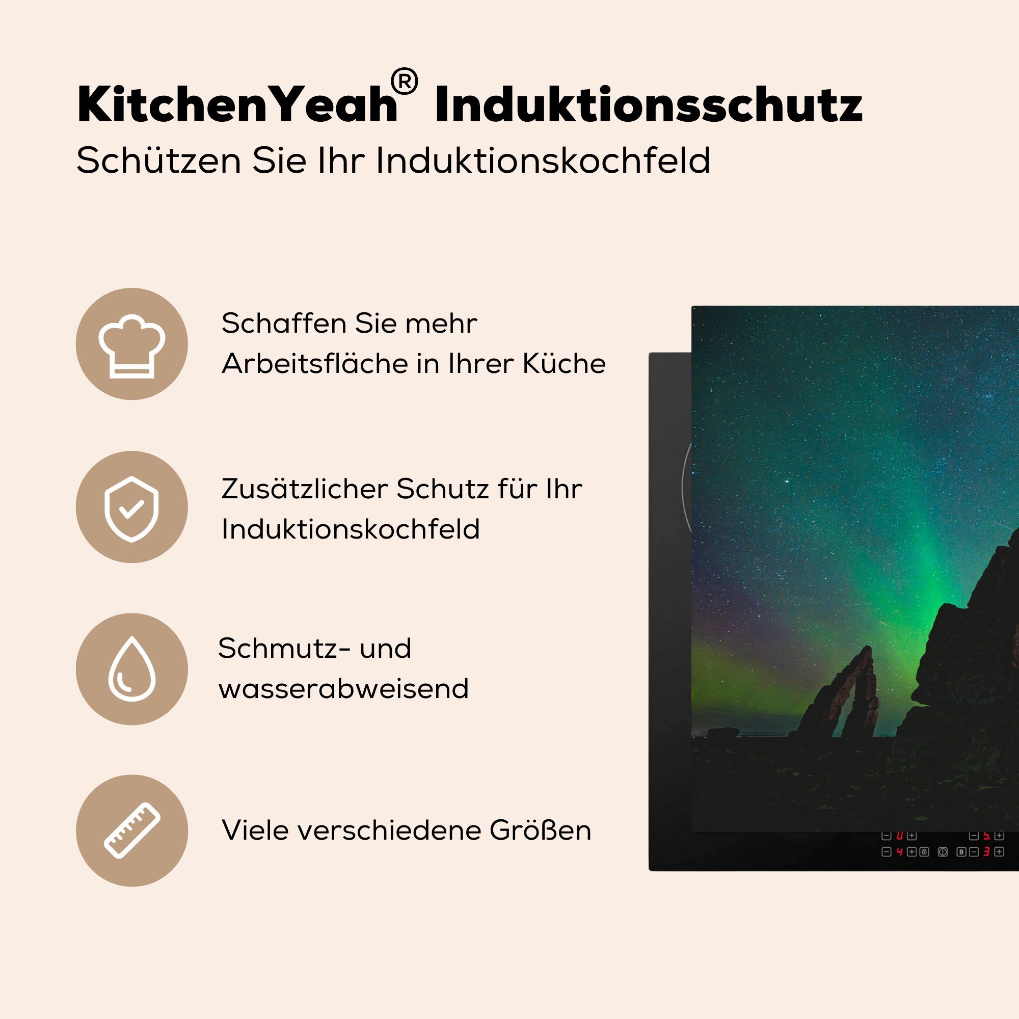 MuchoWow Herdblende-/Abdeckplatte Nordlichter - Island - für cm, küche, Schutz Vinyl, Induktionskochfeld (1 81x52 tlg), die Natur, Ceranfeldabdeckung