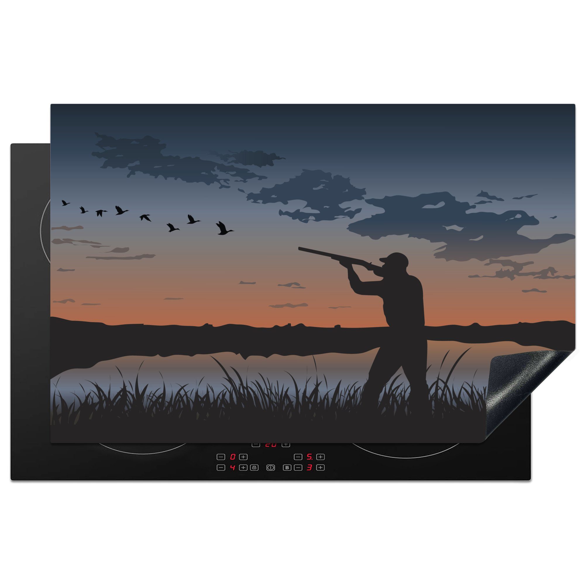 MuchoWow Herdblende-/Abdeckplatte Eine Illustration eines Entenjägers bei Sonnenuntergang, Vinyl, (1 tlg), 81x52 cm, Induktionskochfeld Schutz für die küche, Ceranfeldabdeckung