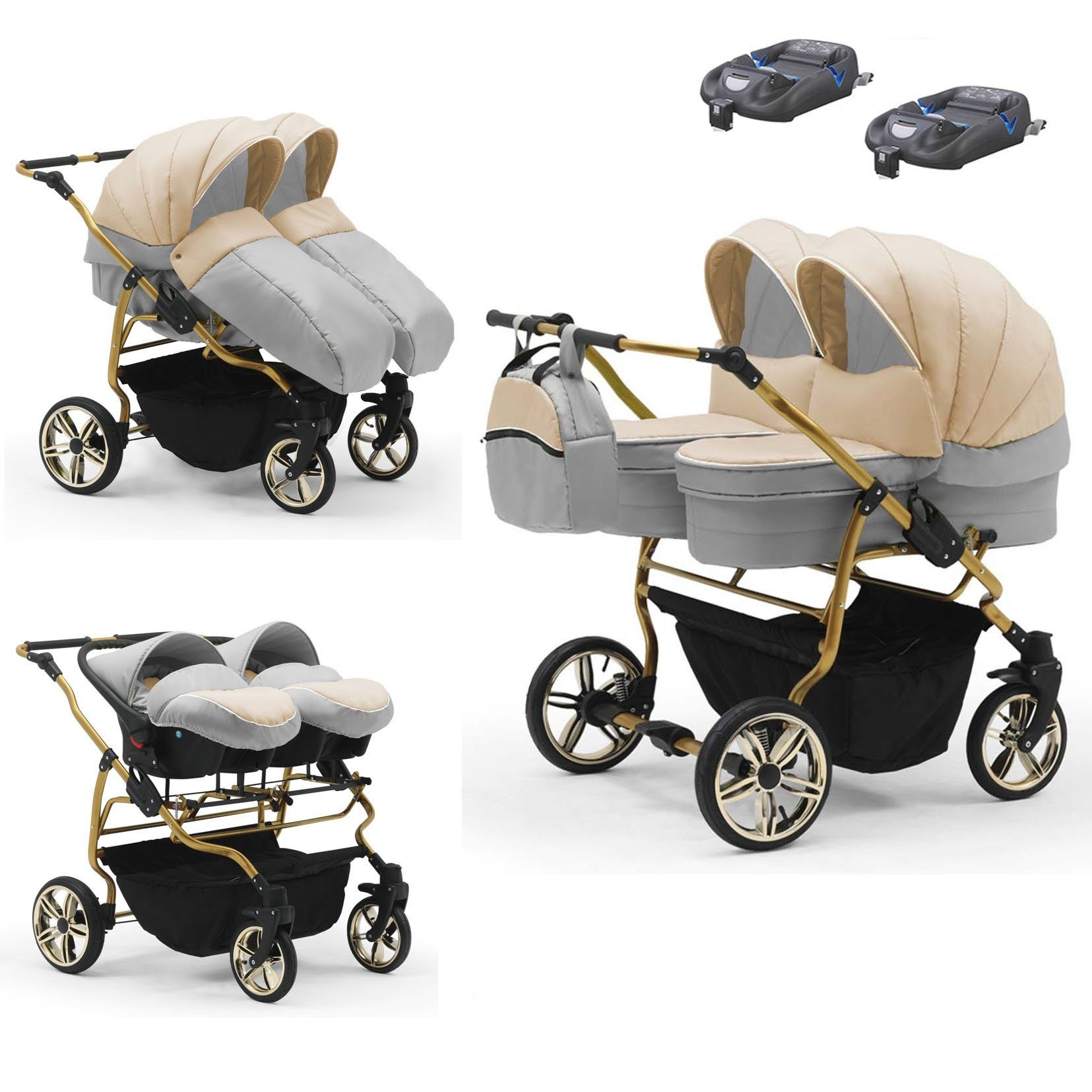 babies-on-wheels Zwillingswagen Zwillingswagen Duet Lux Gold 4 in 1 - 15 Teile - in 33 Farben Beige-Grau