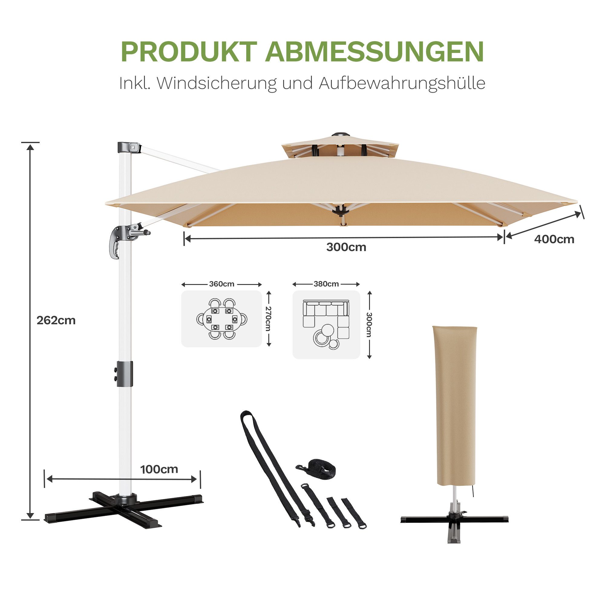 HOMALL Sonnenschirm 300x400 cm Ampelschirm mit Ständer, 360 Grad drehbar, UV-Schutz 50+, 300*400CM, φ330CM, 270*270CM, Gewicht 18-28KG, faltbar, geeignet für Ga – Bild 4 von 5