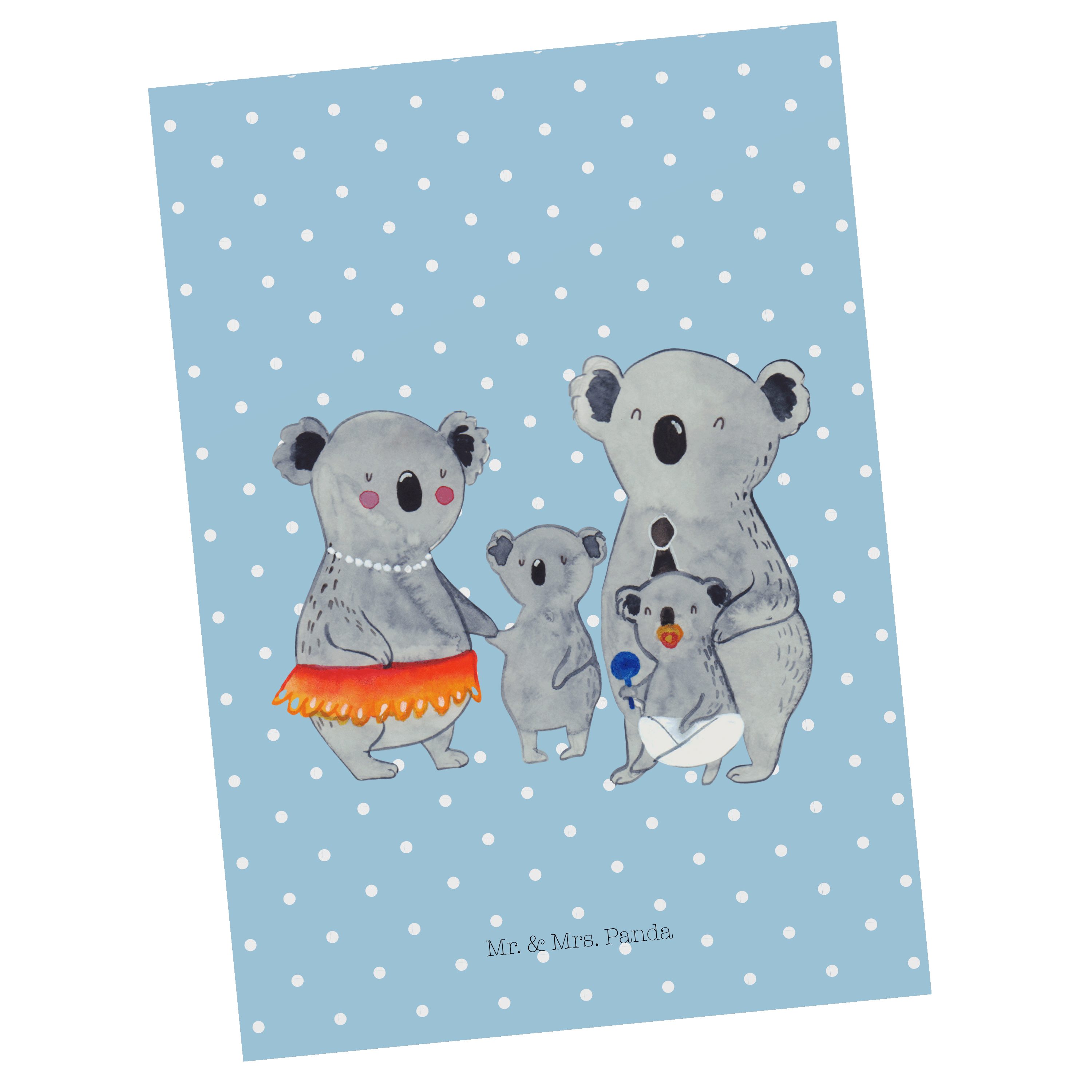 Mr. & Mrs. Panda Postkarte Koala Familie - Blau Pastell - Geschenk, Kinder, Familienleben, Danke