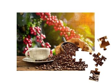 puzzleYOU Puzzle Dampfende Tasse Kaffee mit Kaffeebohnen, 48 Puzzleteile, puzzleYOU-Kollektionen Kaffee, Getränke