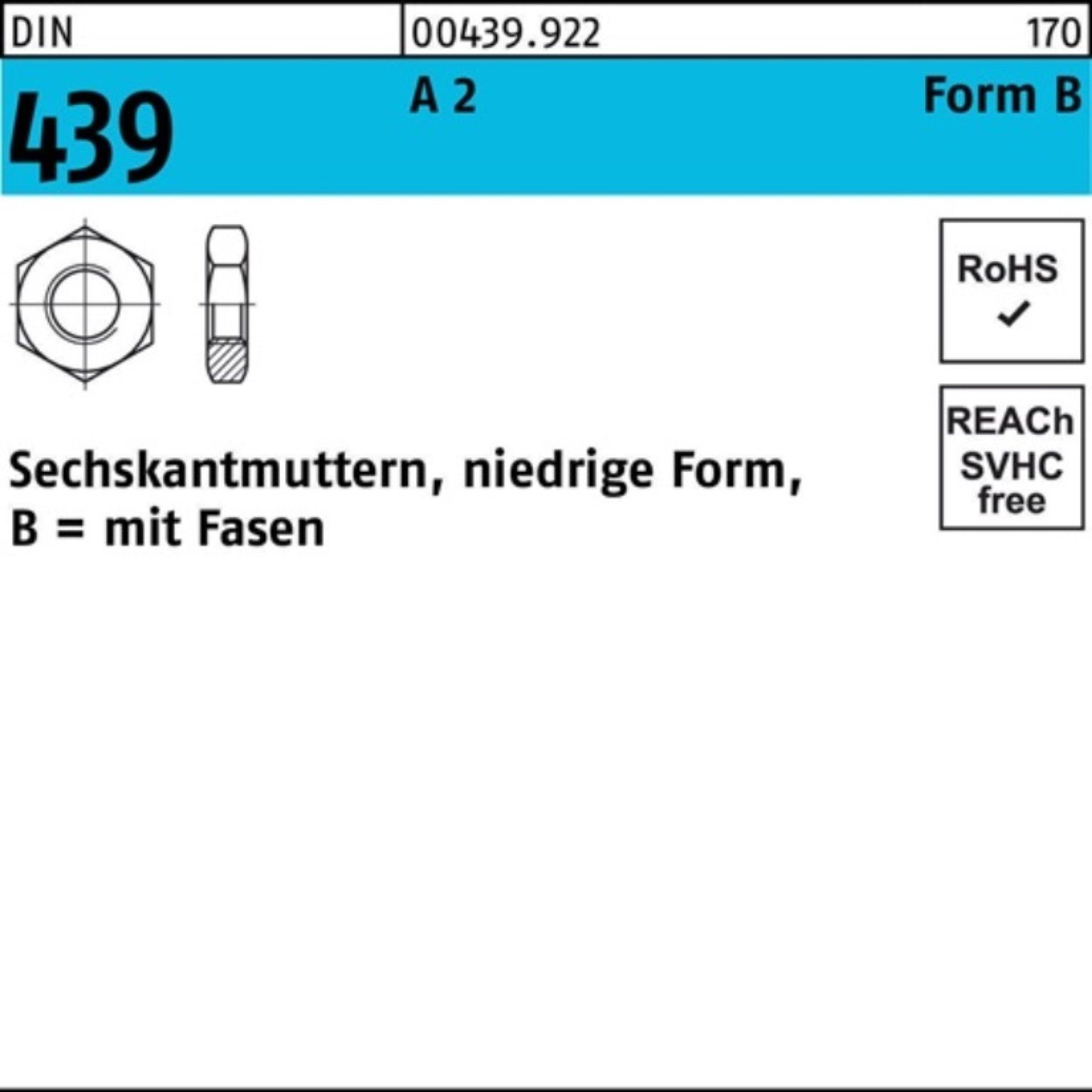 Reyher Muttern 100er Pack Sechskantmutter DIN 439/ISO 4035 FormB BM 22 A 2 10 Stück