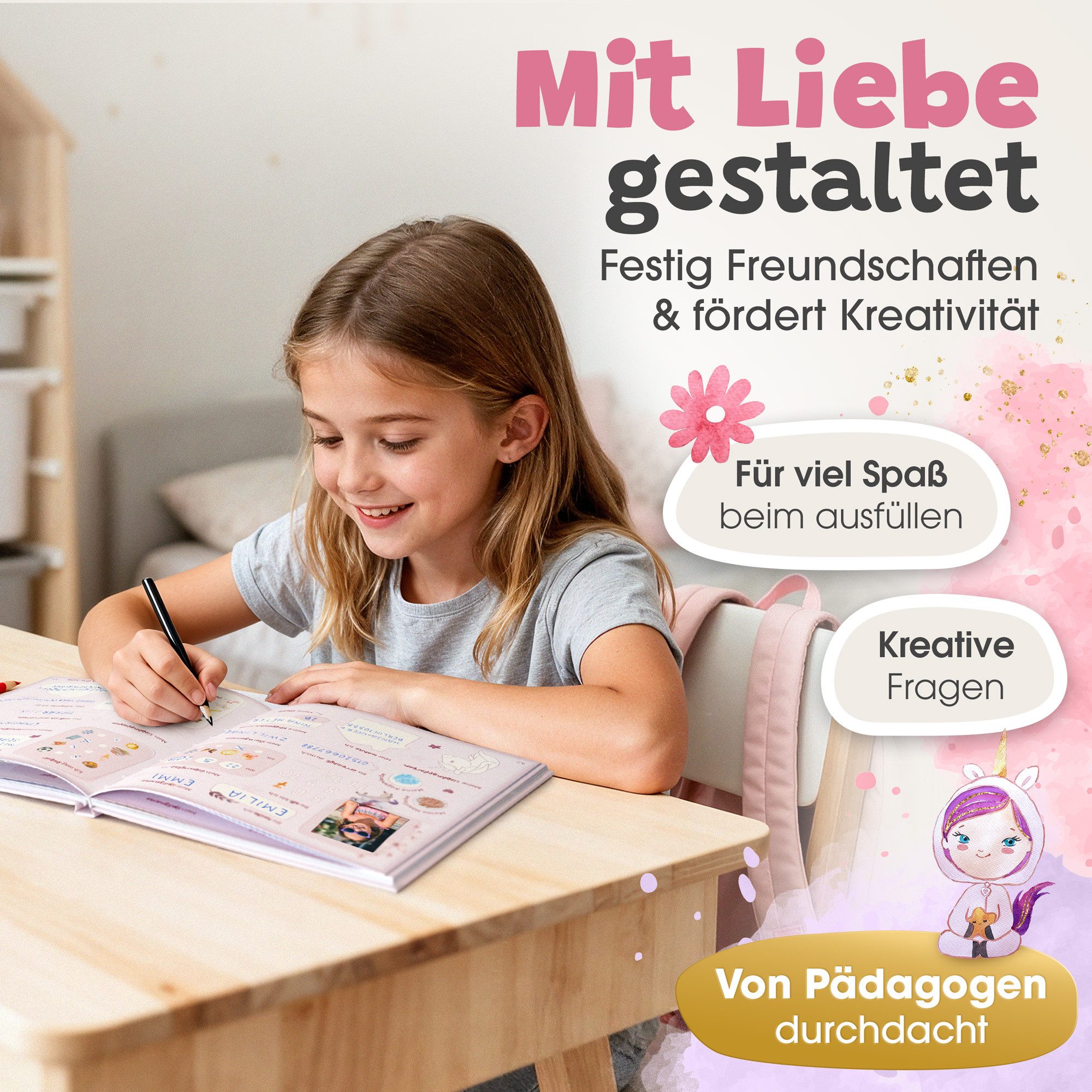 Eulentaler Freundebuch für Mädchen (Schule) I von Pädagogen gestaltet, Prinzessinen, Einhörner & Goldprägung, Geschenk für Schulkinder – Bild 4 von 5