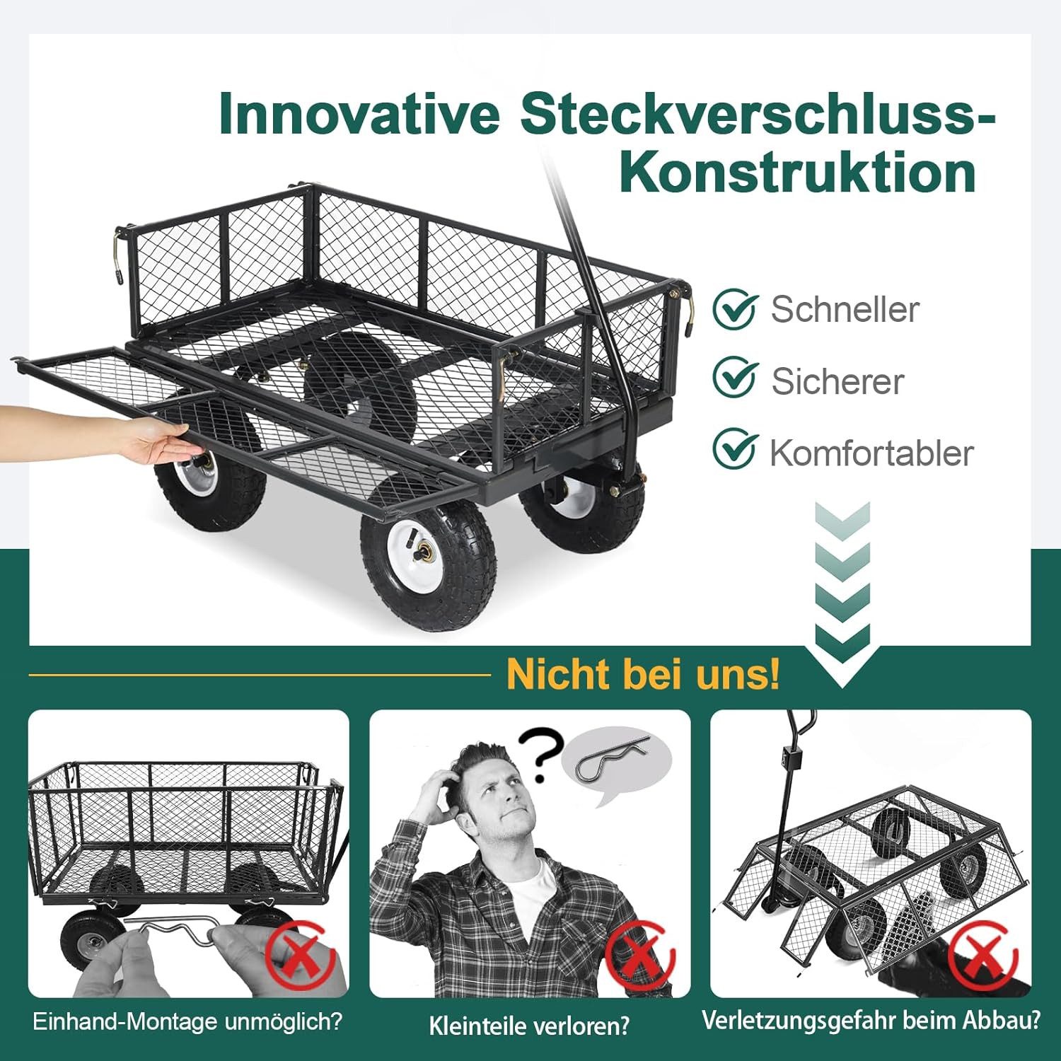 Sekey Bollerwagen Gartenwagen Gerätewagen Garten Plattformwagen mit Vollgummi-Luftreifen, 100 Liter – ECHT 300 KG Schubkarre mit abnehmbaren Seitenteilen