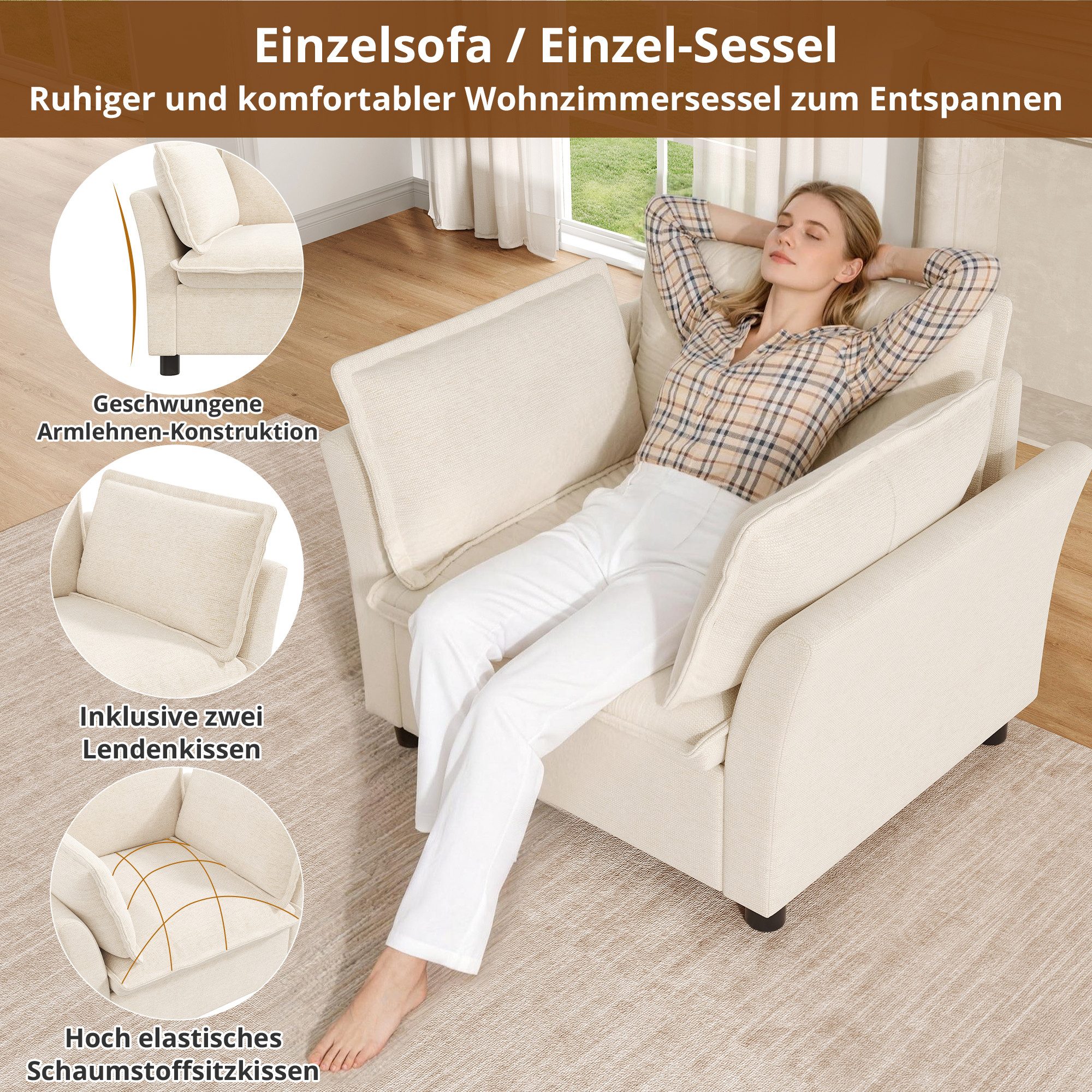 Merax Sessel moderner Relaxsessel aus Chenille (90×81×87 cm, 1-St), Einzel-Sessel mit Armlehnen & Kissen, Lounge- & Lesesessel – Bild 3 von 5