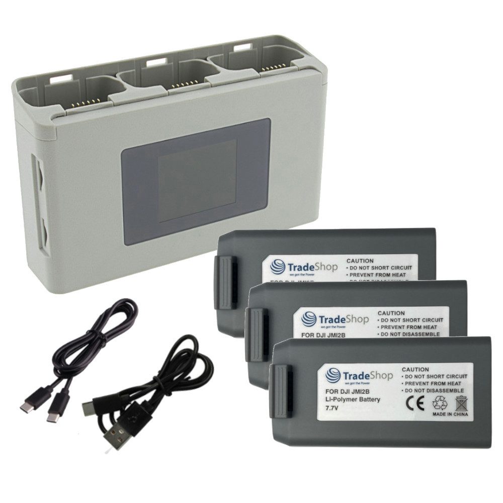 Trade-Shop 4in1 Set: 3x Akku + 3-fach Ladegerät passend für DJI Mini 4K Zubehör Drohne (mit Powerbank und SD-Speicherkartenaufbewahrung / Anschluss über USB-C)