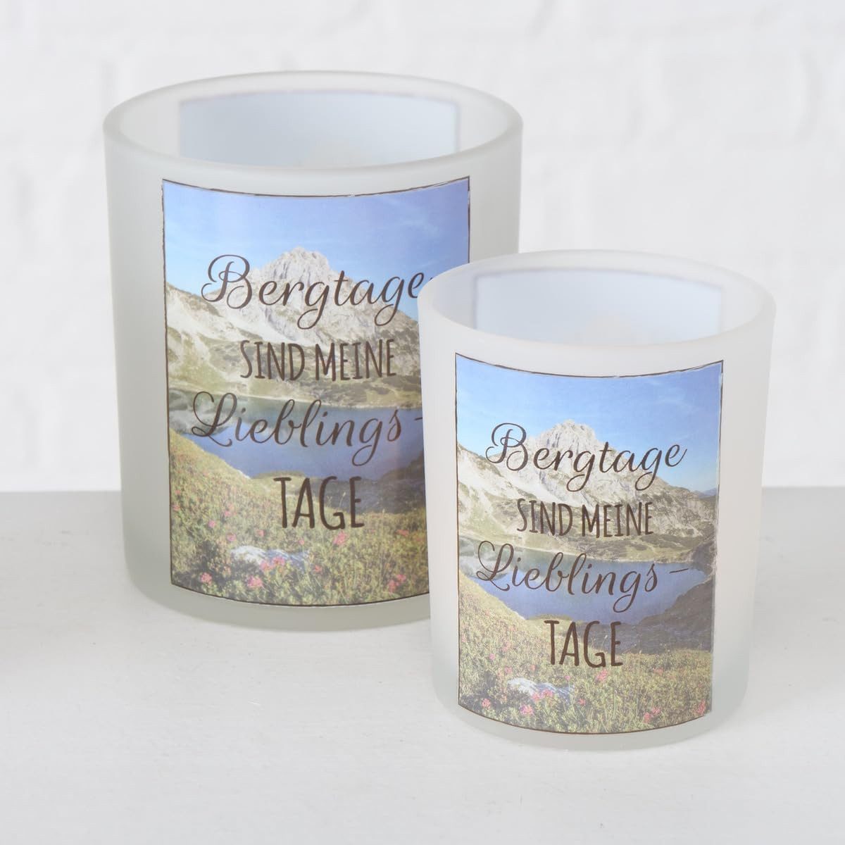 BOLTZE GRUPPE GmbH Windlicht 6er SET Windlicht Berge 10cm Sprüchen Kerzenlicht Teelichthalter Alpen
