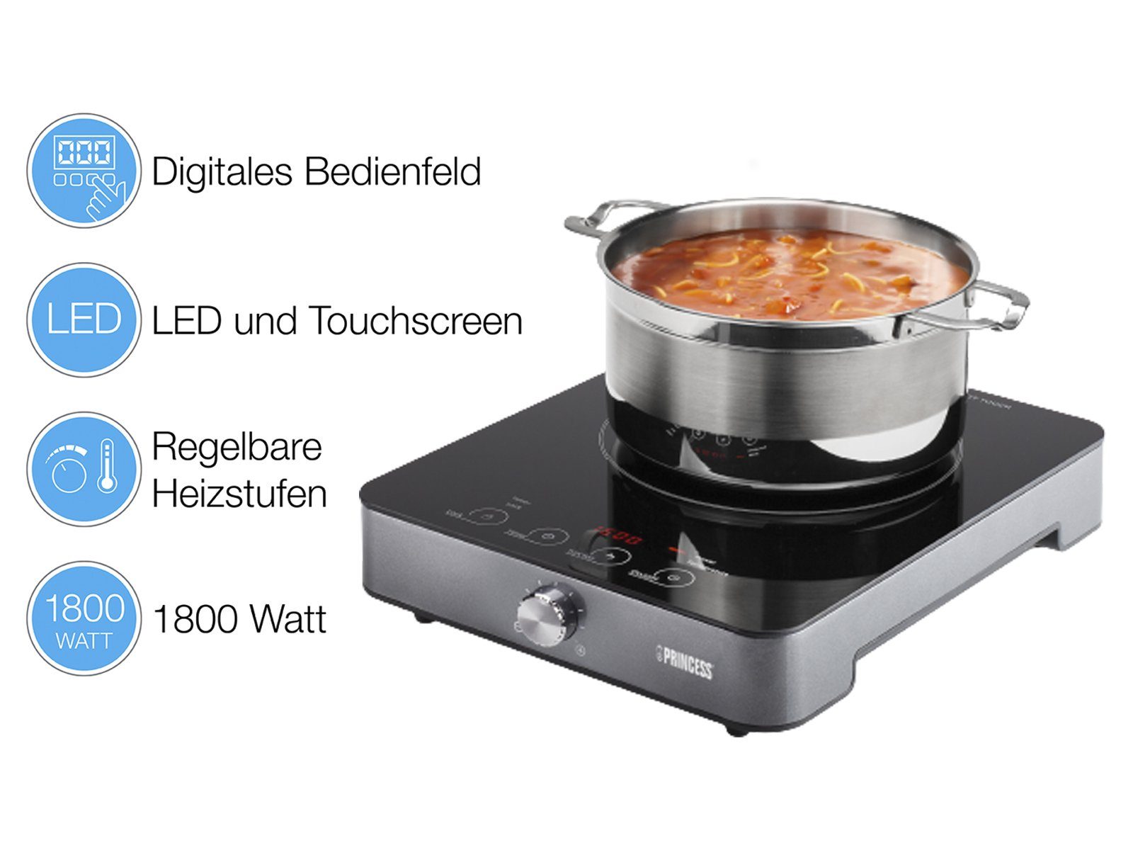 PRINCESS Einzel-Induktionskochplatte, Mobiles 1er Platten Induktion Kochfeld autark elektrisch Ø 20cm