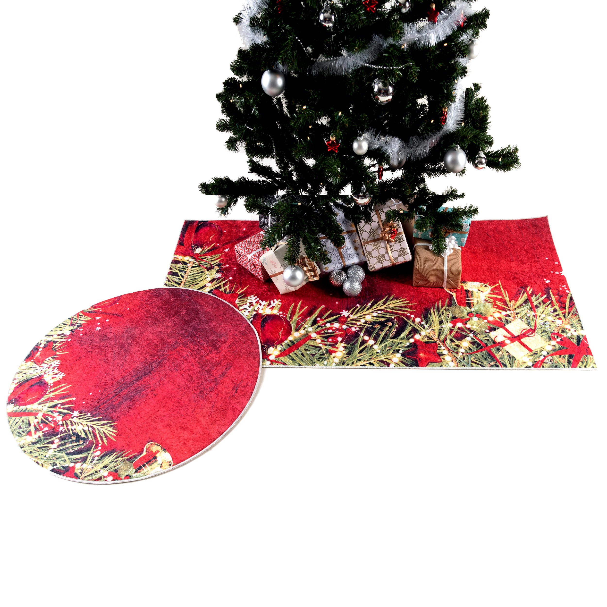 Designteppich Schöner Weihnachtsteppich - Dekorationsunterlage mit Kerzenmotiv in Rot - waschbar, Giantore, Rund | Kinderteppiche