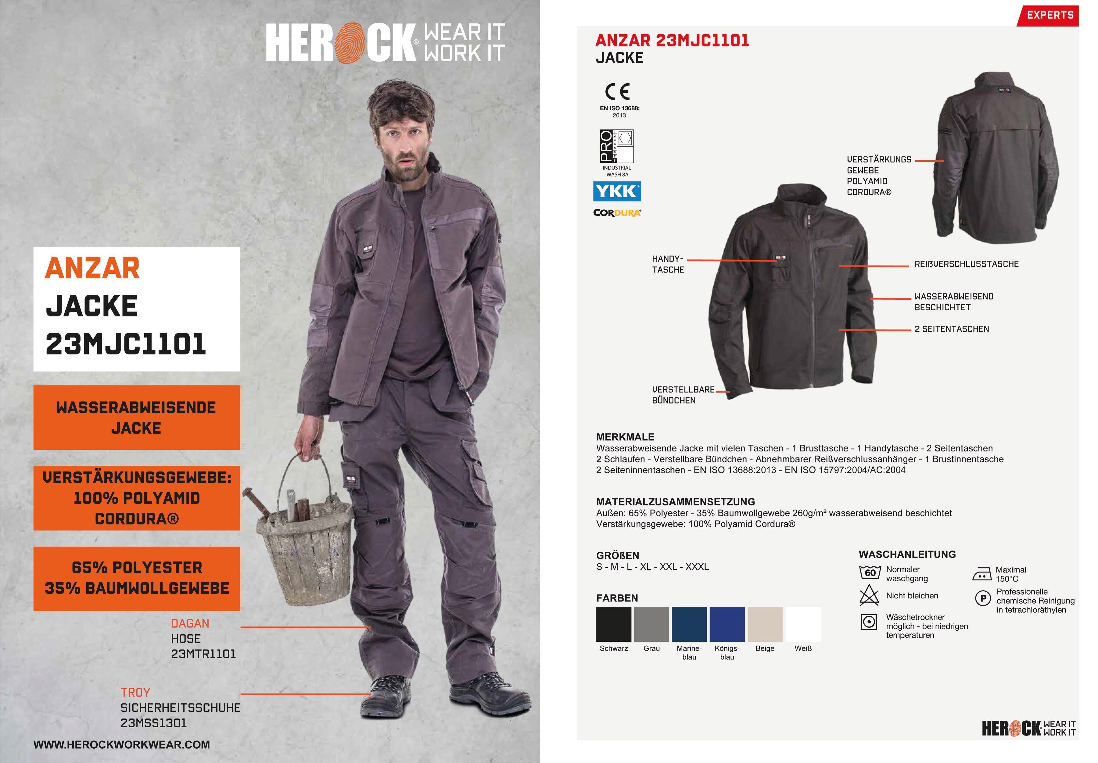 - Bündchen Herock Wasserabweisend verstellbare Arbeitsjacke 7 - Anzar robust - Jacke grau Taschen