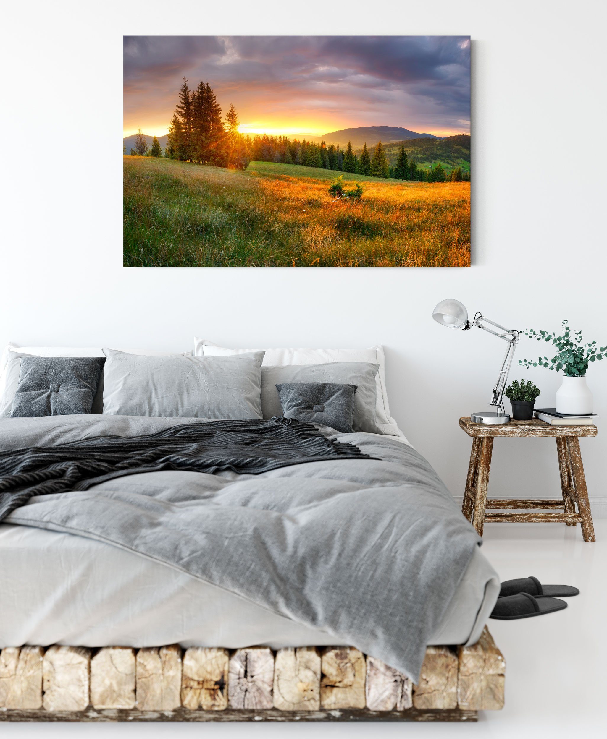 bespannt, Sonnenuntergang, Leinwandbild Leinwandbild Zackenaufhänger Wiesenlandschaft bei inkl. St), Sonnenuntergang fertig (1 bei Pixxprint Wiesenlandschaft