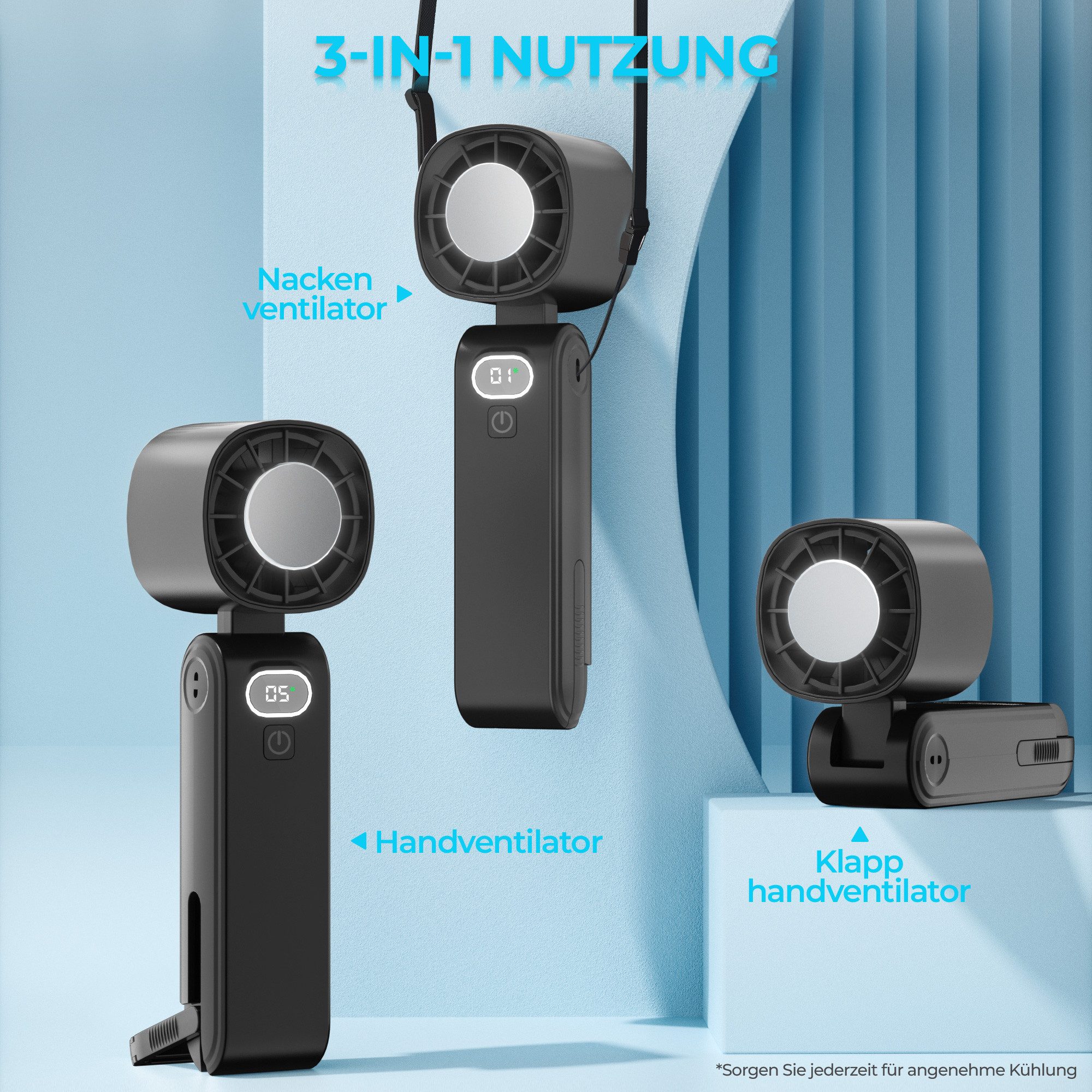 Rhein Beleuchtung Handventilator Handventilator Akku aufladbar, Mini Ventilator klein mit Turbo&Kühlung, 5 Windstufen, 13.000 U/min, bürstenloser Motor