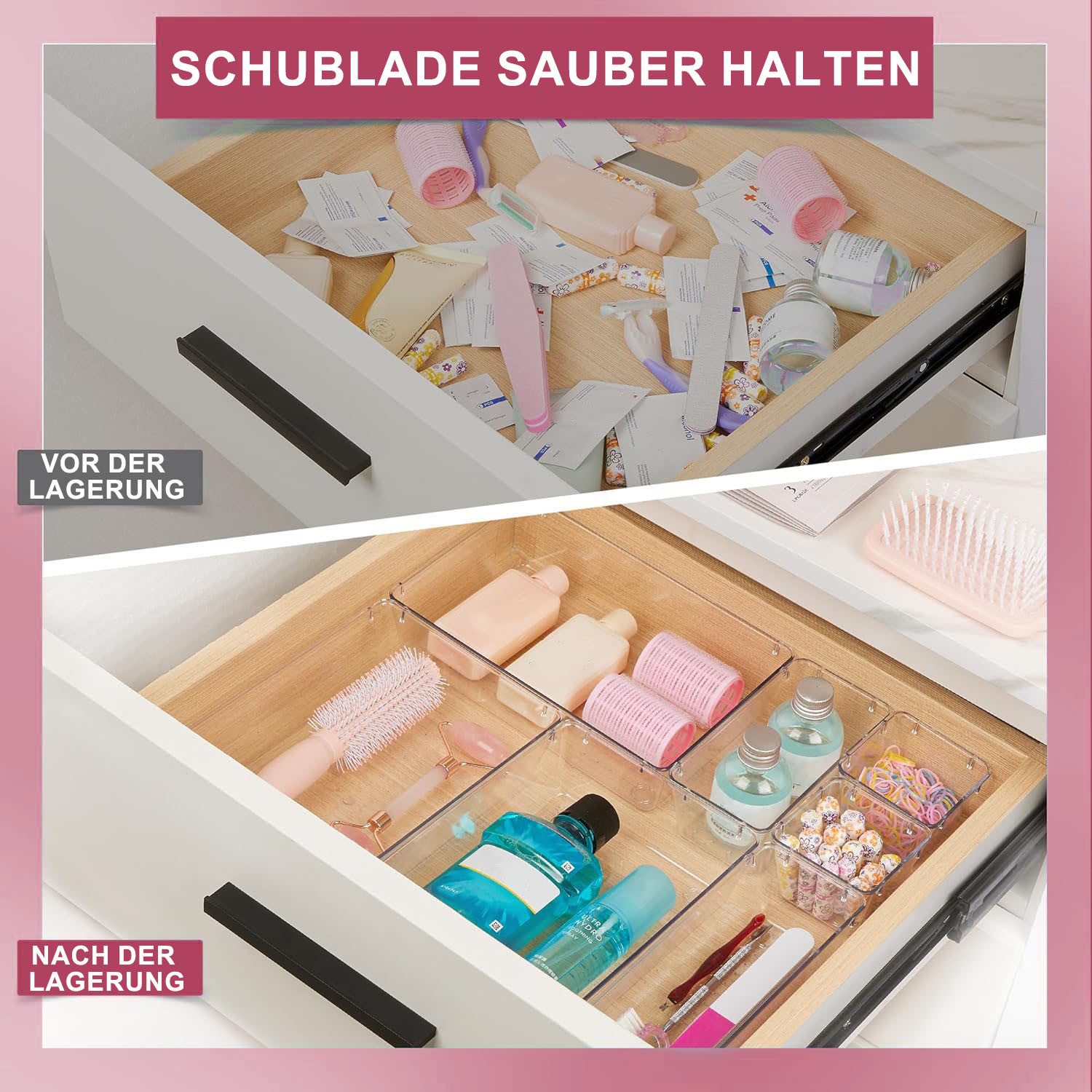 HEYHIPPO Schubladenbox 16 Schubladen-Organizer,5 Größen von Aufbewahrungsboxen für Krimskrams, (16er-Packung, Büroaufbewahrung, Kosmetik-Aufbewahrungsbox-Set, rutschfest), Transparenter Kosmetik-Trennorganizer aus wasserdichtem PET-Material