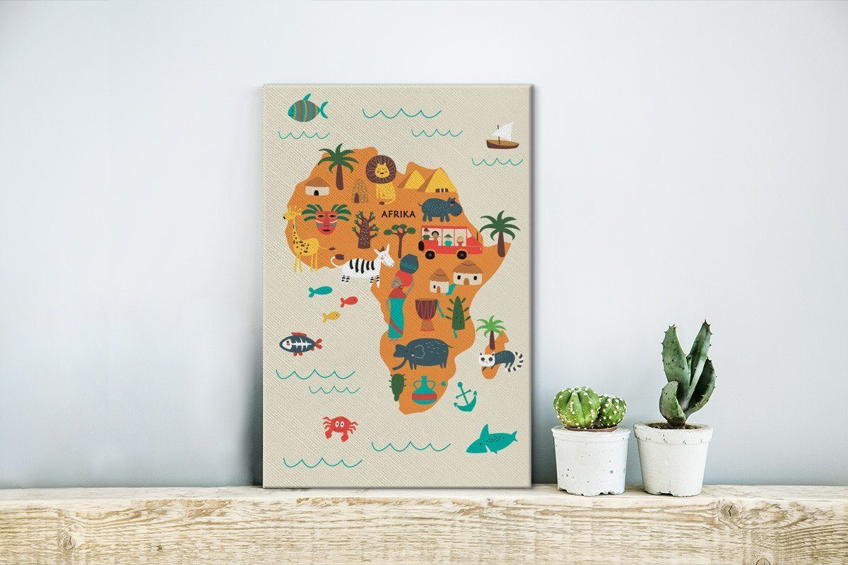 Gemälde, - Weltkarte OneMillionCanvasses® Leinwandbild fertig - Zackenaufhänger, (1 Afrika inkl. Kinder bespannt cm Leinwandbild 20x30 Orange, St),