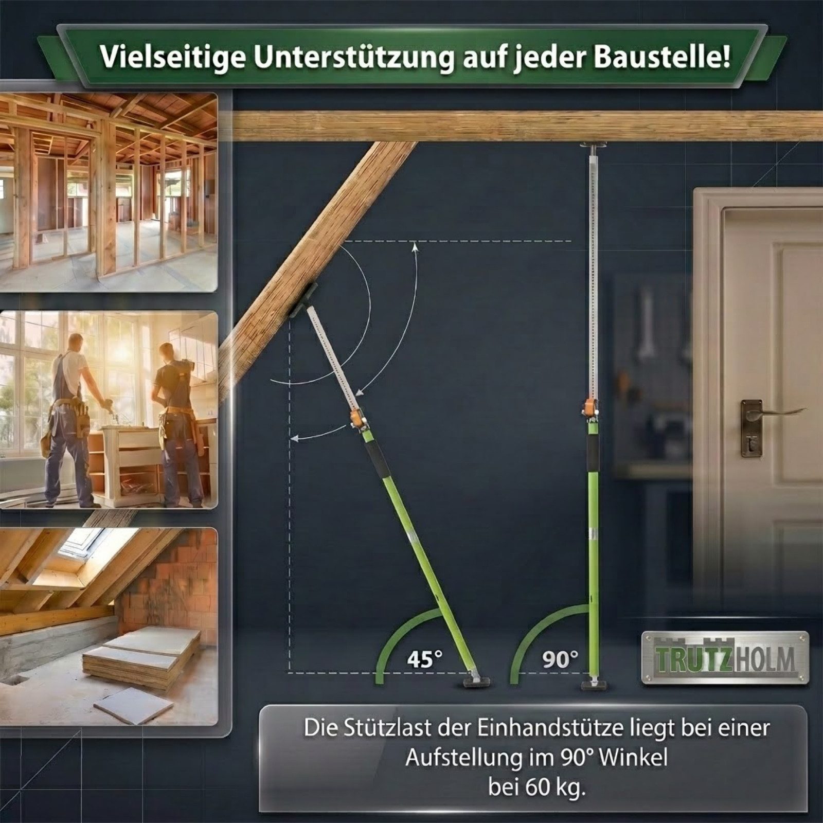 TRUTZHOLM Montageklemme 2x Einhandstütze 110–203 cm Teleskopstütze 60 kg höhenverstellbar, B: 8.5 cm, L: 203 cm, (Stück, 2-tlg., bis 203cm), materialschonend – Bild 5 von 5