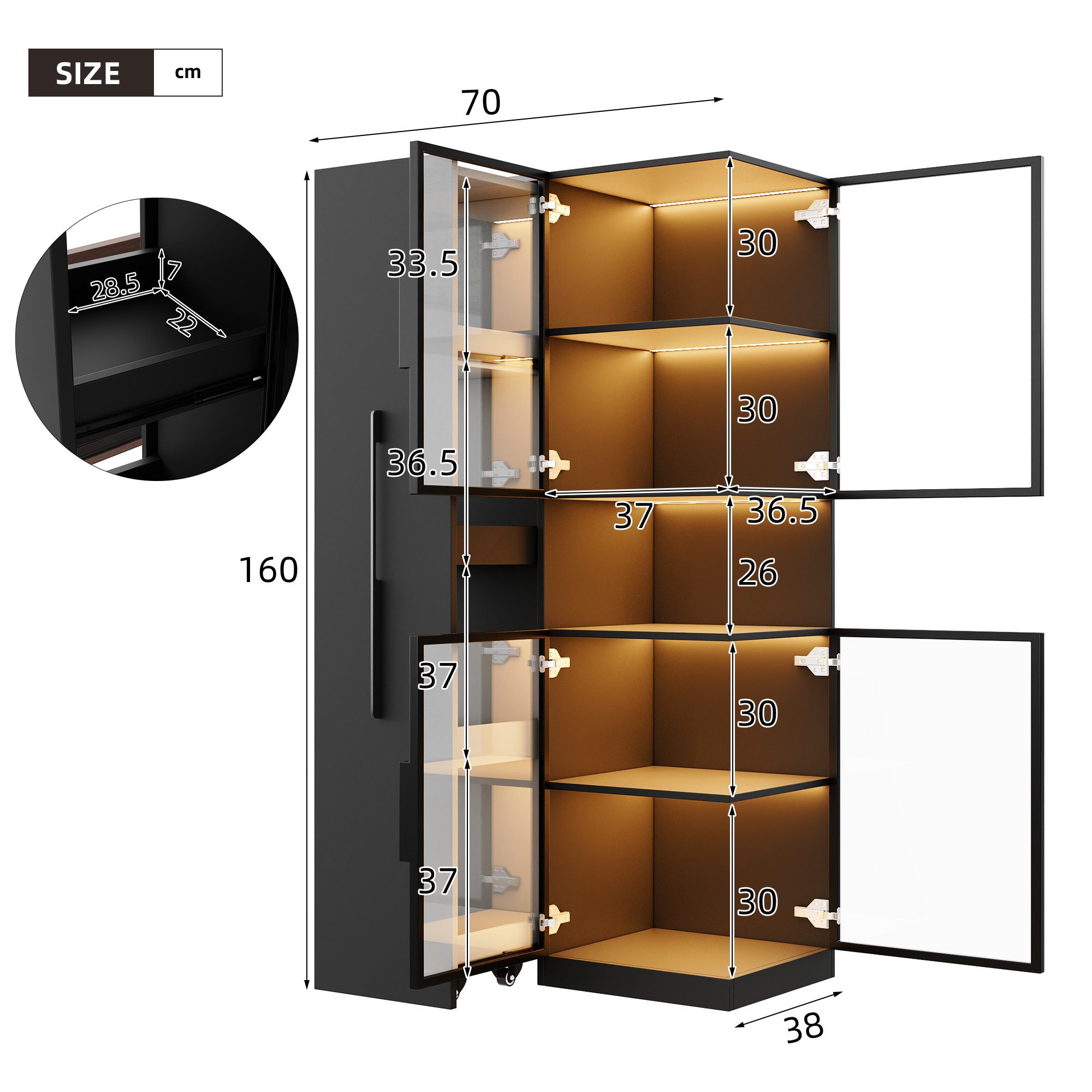 Flieks Glasvitrine Eckschrank Hochschrank mit LED-Beleuchtung, Ausziehregal, Glastüren (1-St., 70×38×160 cm) multifunktionaler Mehrzweckschrank Standvitrine Eck – Bild 5 von 5