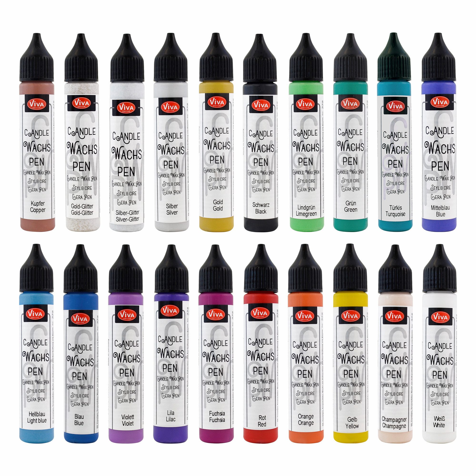LM-Kreativ Kerzenmalfarbe Wachs Pen Set Profi 20er – 20 Farben je 28 ml, Kerzenstifte-Set, deckend, mischbar, feine Spitze