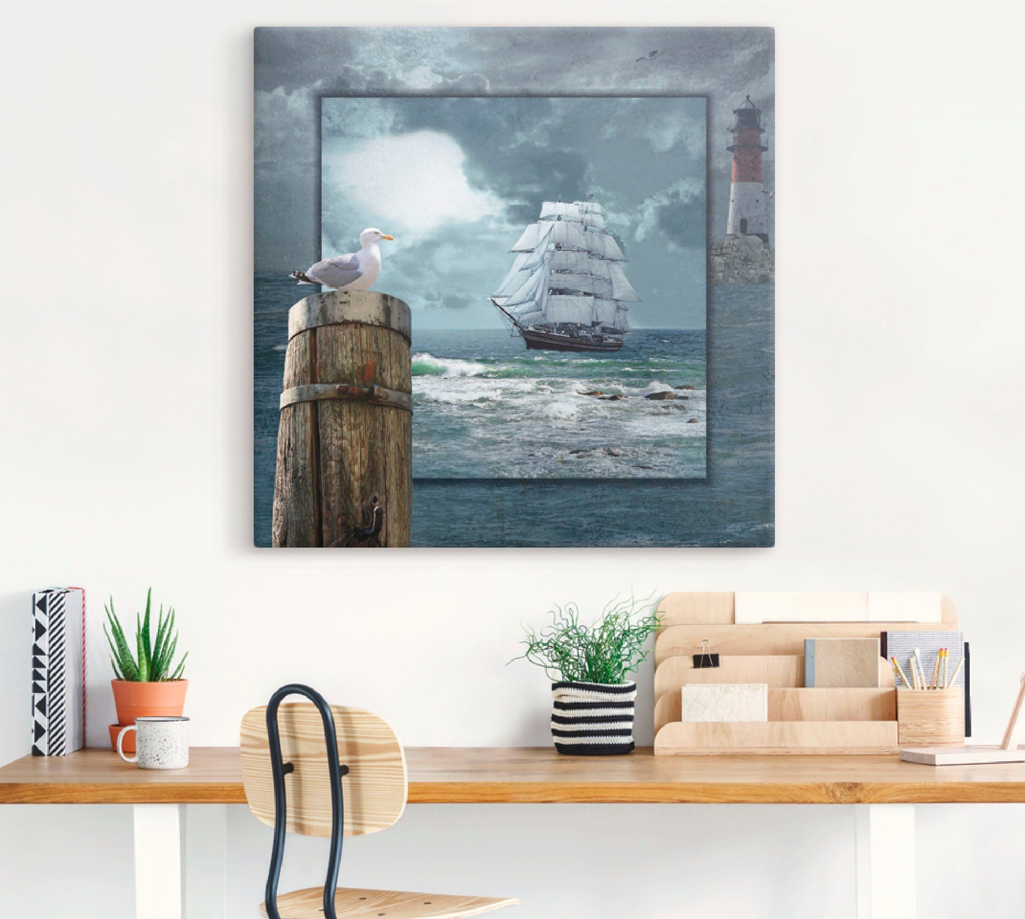 Artland Leinwandbild Maritime Collage mit Segelschiff, Boote & Schiffe (1 St), auf Holzrahmen gespannt