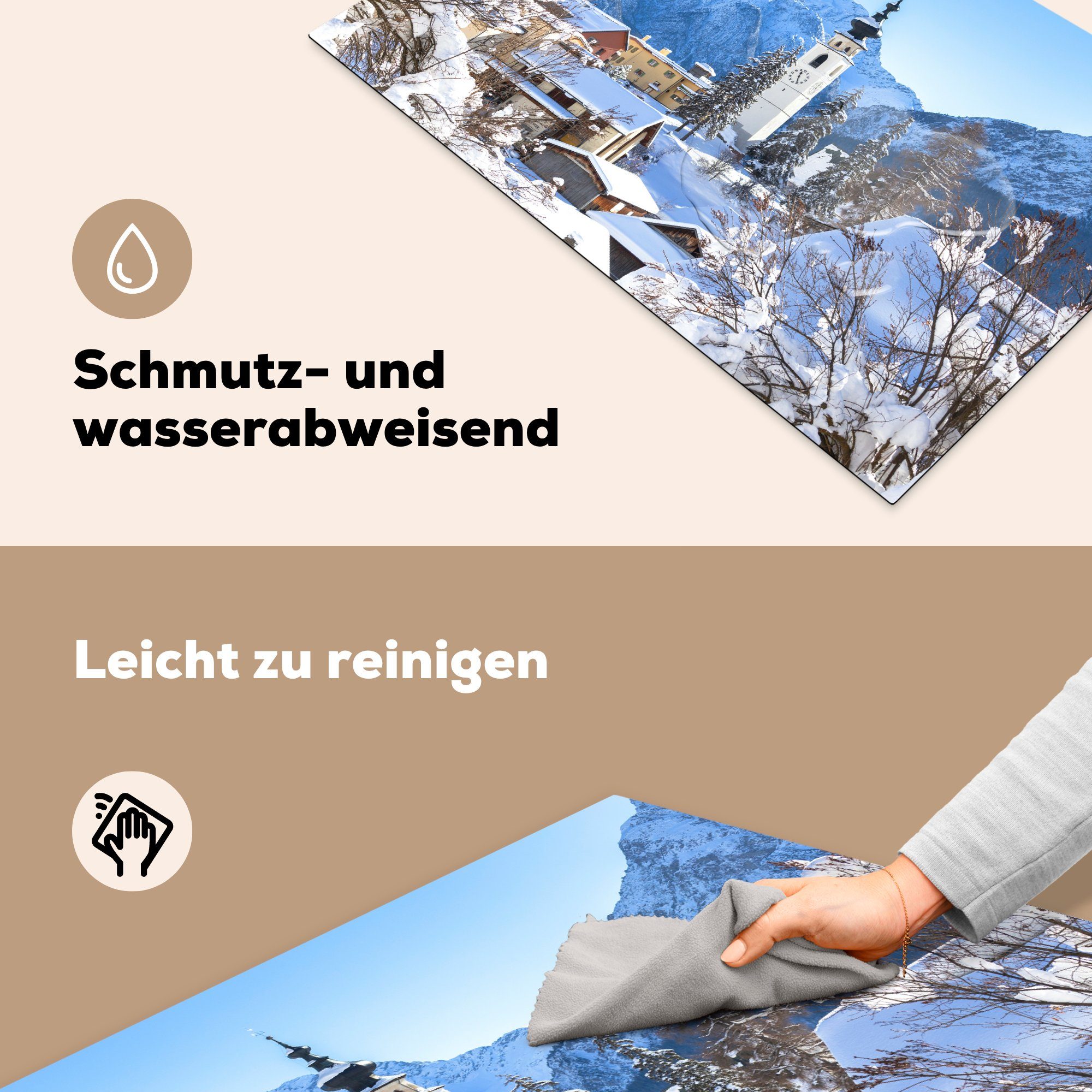 küche, tlg), Schweiz, Schnee der Schutz MuchoWow Ceranfeldabdeckung Induktionskochfeld cm, einem in Bergdorf die (1 81x52 Vinyl, für Herdblende-/Abdeckplatte in