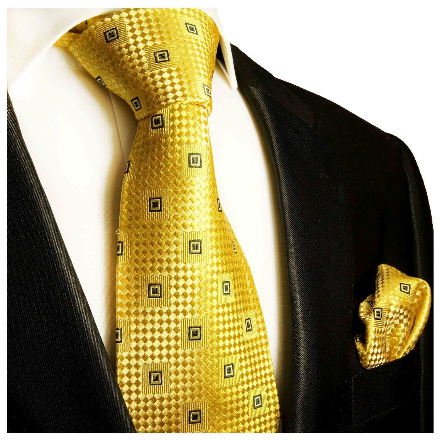 Paul Malone Krawatte (6cm), Seide Seidenkrawatte mit Einstecktuch) Herren kariert Tuch modern gold 100% Schmal und Krawatte 2-St., 461 (Set