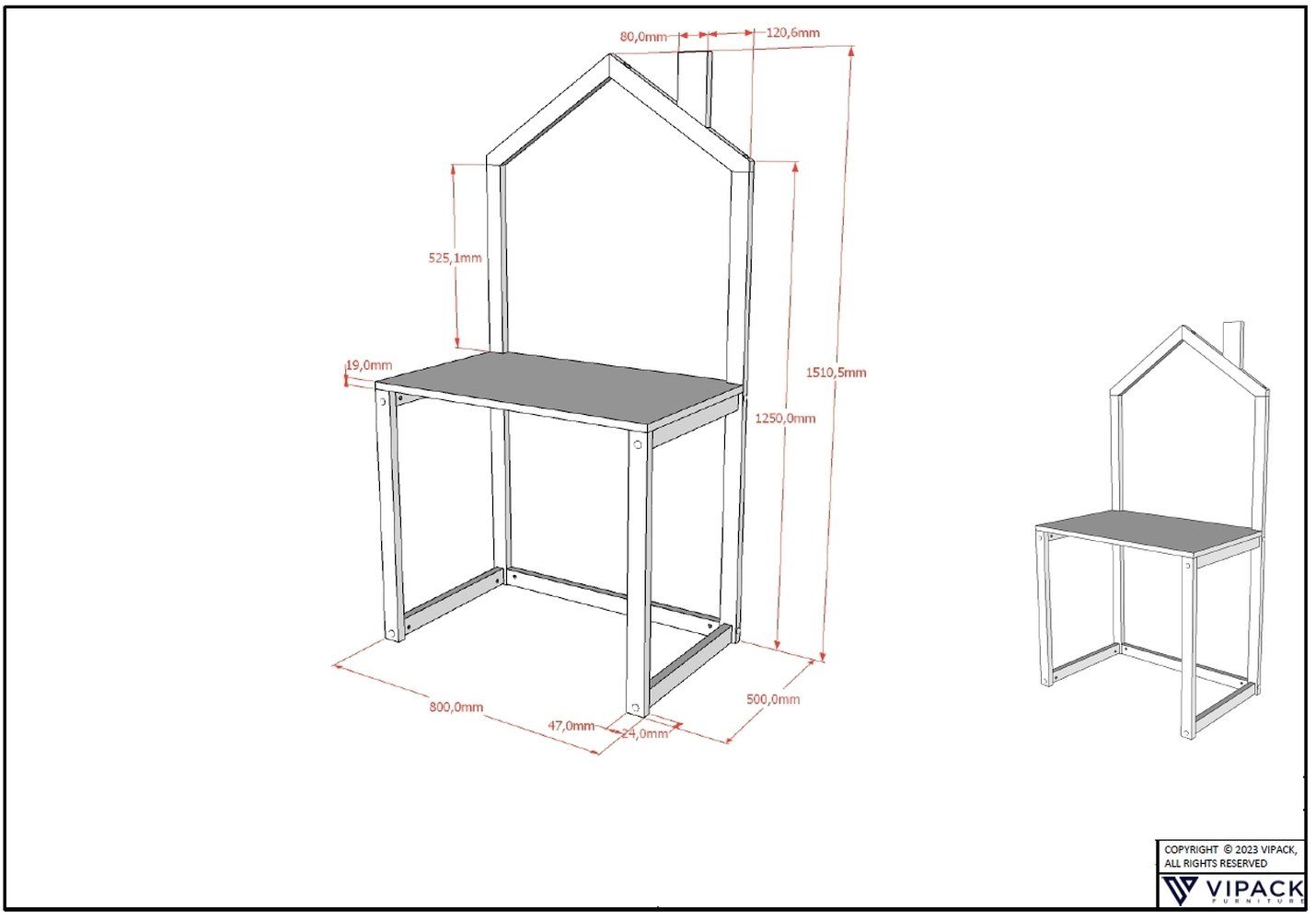 Vipack Kinderschreibtisch DALLAS, in Anthrazit lackiert - 100x150,6x50 (BxHxT)