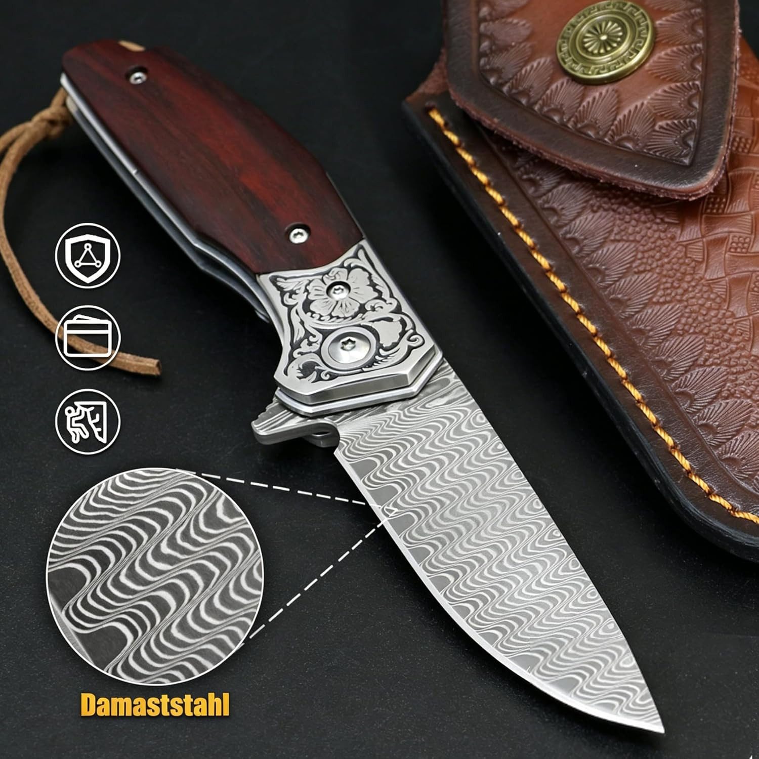 KingLux Damastmesser Damaststahl Zweihand klappmesser Taschenmesser mit Liner Lock – Bild 5 von 5