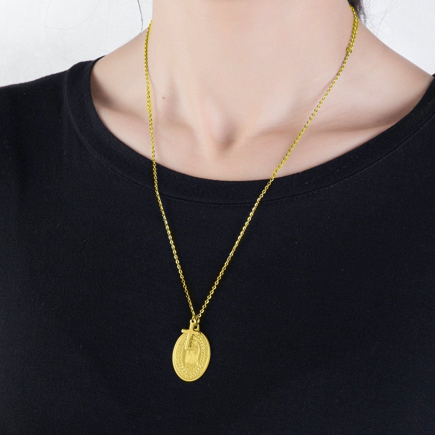 Kim Johanson Kette mit Anhänger Faith, Edelstahl, mit Marienbild & Kreuz-Anhänger, verstellbar – Bild 4 von 4