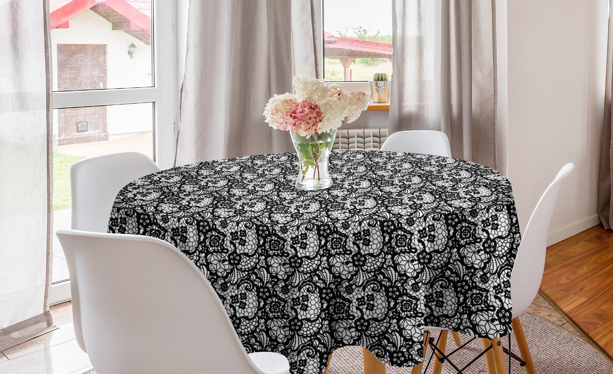 Abakuhaus Tischdecke Kreis Tischdecke Abdeckung für Esszimmer Küche Dekoration, Schwarz und weiß Lacy Inspirations