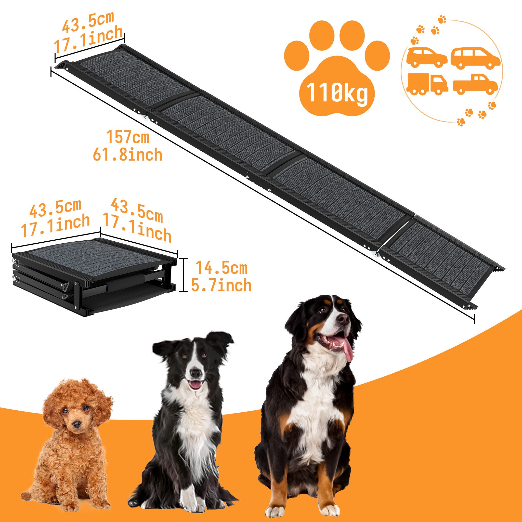 FIVMEN Hunderampe Klappbar Hundetreppe mit Rutschfester Teppichoberfläche, Tragbare hunderampen für Autos