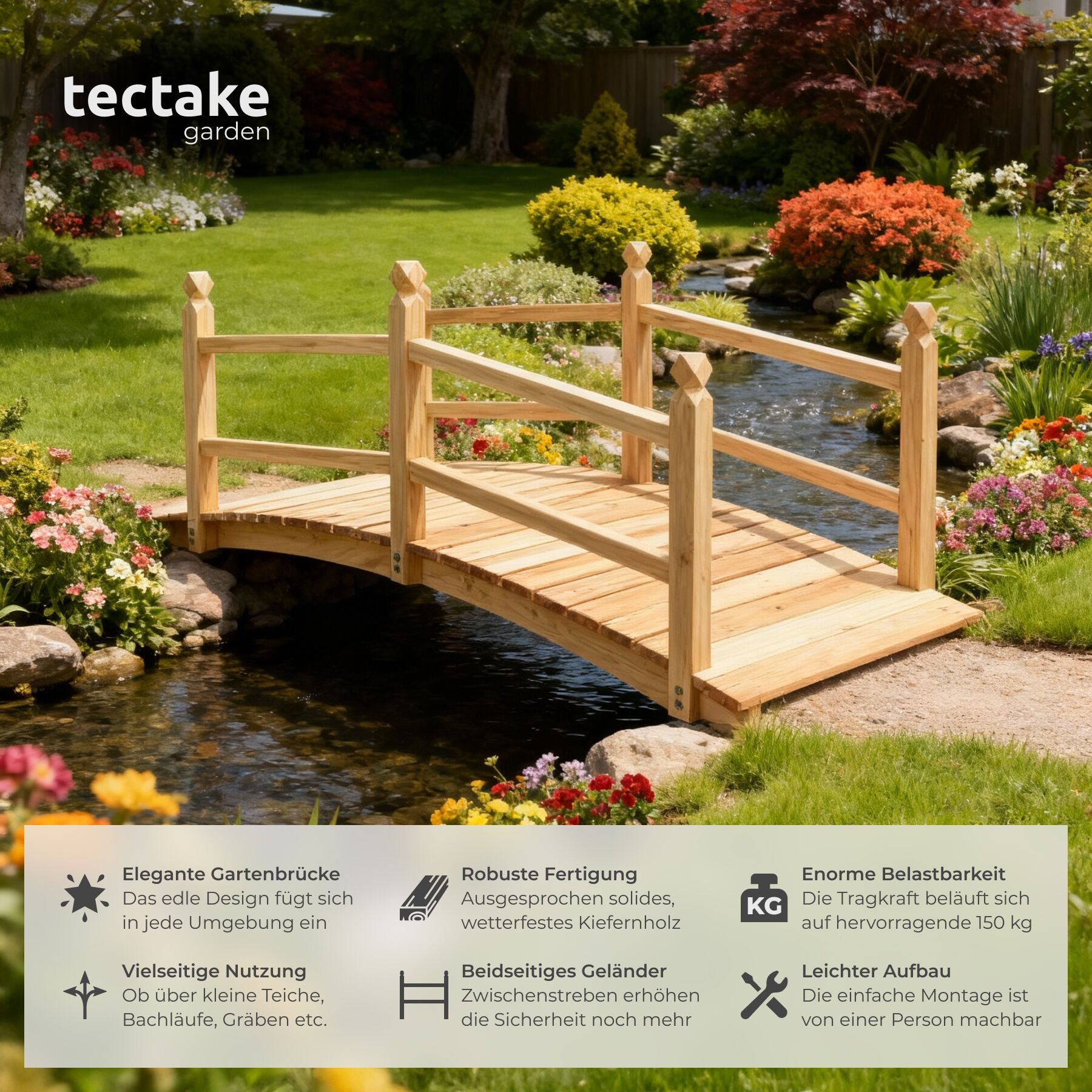 tectake Zierbrücke Gartenbrücke aus Holz, 137 x 58 x 58 cm, (Holzbrücke Cantara, in braun), wetterfest, mit Geländer, Belastbarkeit 150 kg